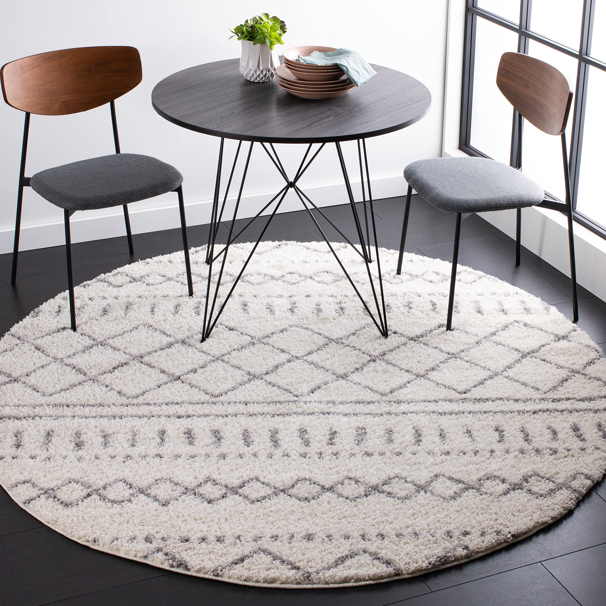 SAFAVIEH Arizona Shag Collection Accent Rug - 32 Round, Ivory & Grey, Geometric Design, Ideal for High Traffic Areas in Entrywa