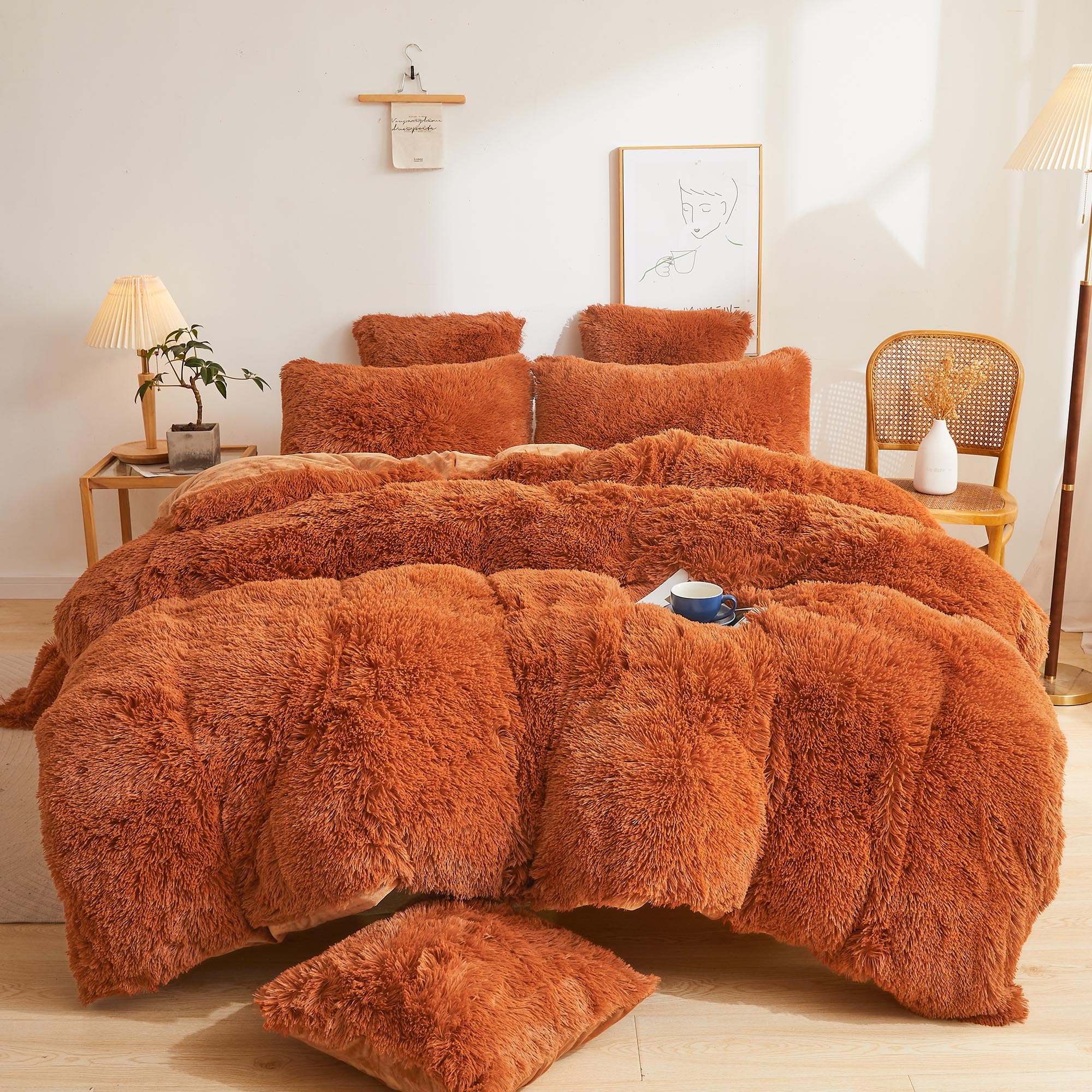 Xege Fluffy Faux Fur Duvet Cover Set, Luxury Ultra Soft Plush Shaggy Terracotta Bedding Set 2 Pieces Velvet(1 Fuzzy Comforter Co