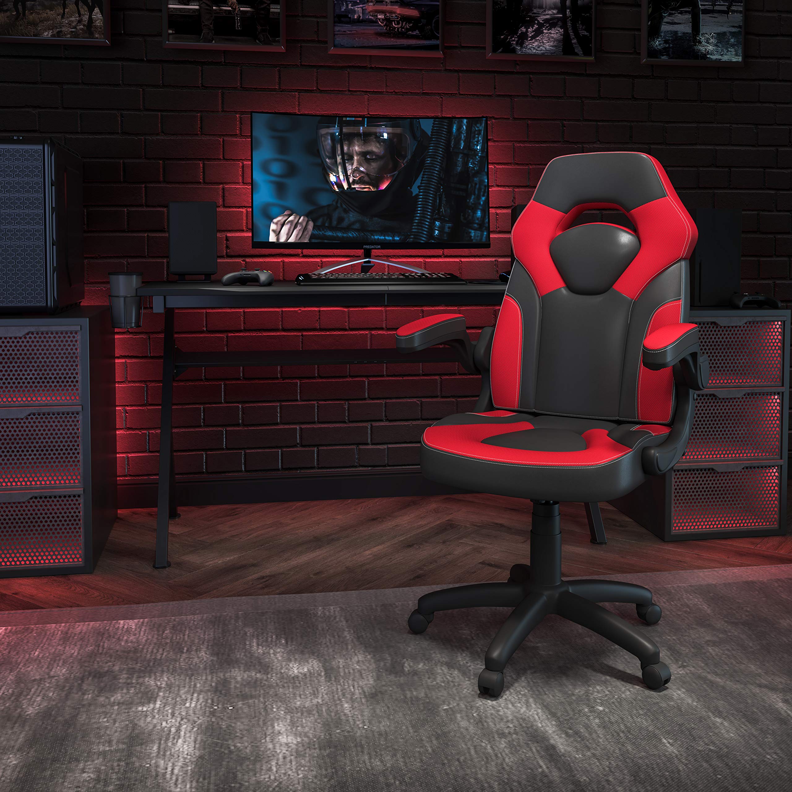 Flash Furniture X10 High-Back Leathersoft Racing Style Gaming Chair With Flip-Up Arms, Ergonomic Padded Swivel Computer Chair, Red/Black