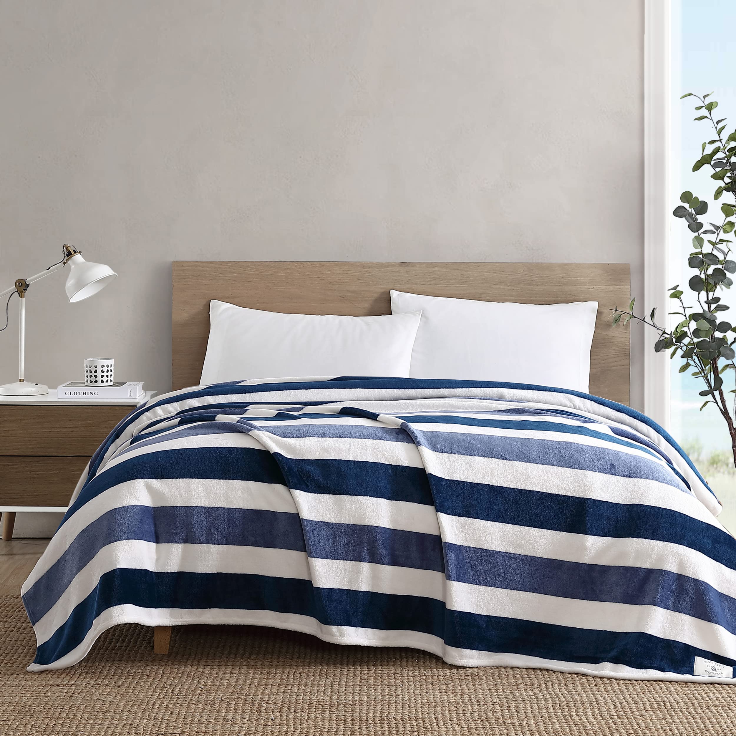 Nautica- Queen Blanket, Ultra Soft & Cozy Plush Home D  Cor, All Season Bedding (Awning Stripe Navy, Queen)