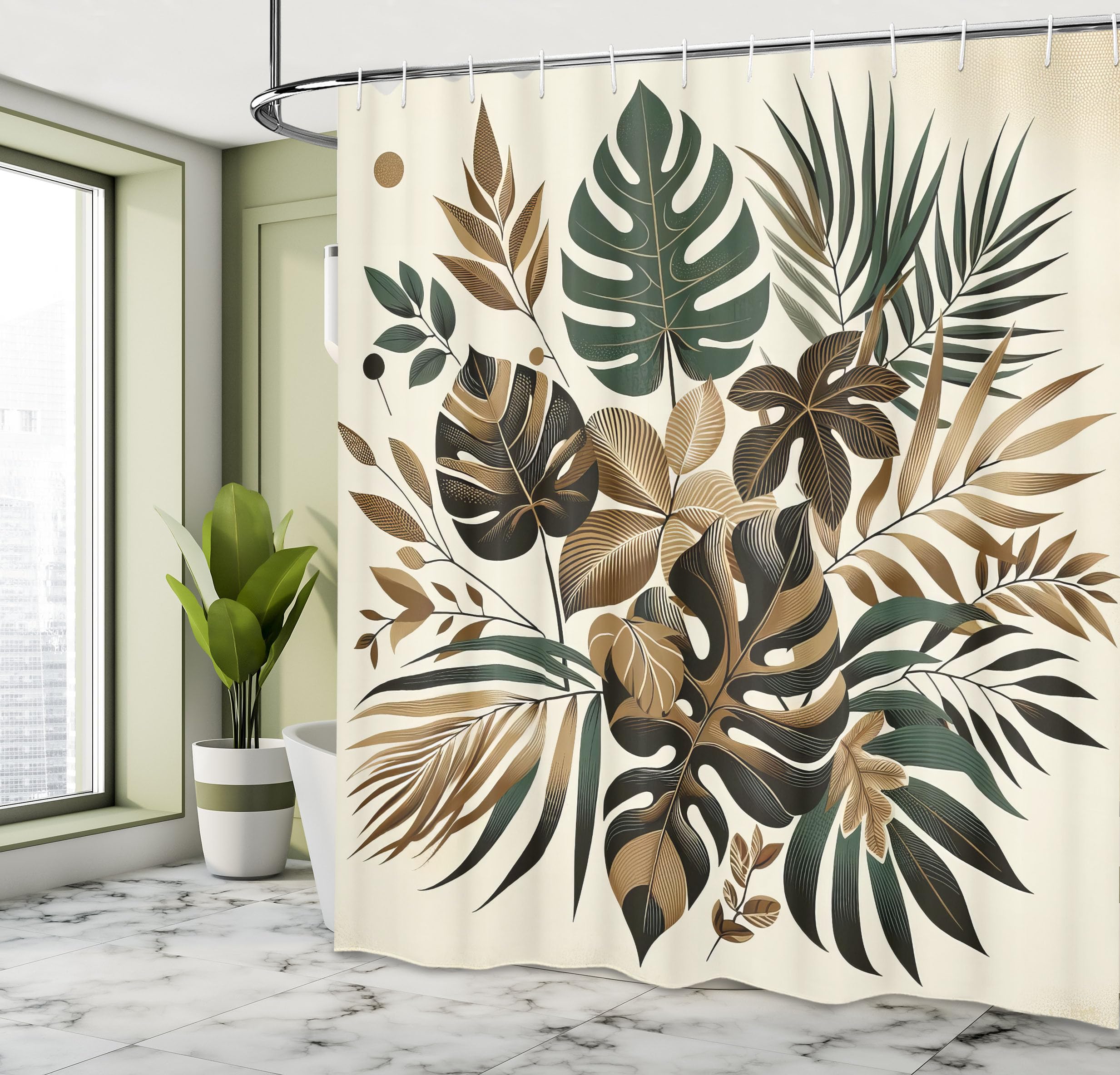 Ambesonne Brown Shower Curtain, Exotic Retro Inspired Monstera Palm Jungle Leaves Vintage Botanical, Cloth Fabric Bathroom Decor