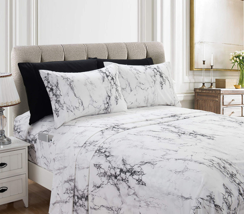 Elegant Comfort Eloise Marble Printed 4-Piece Sheet Set, 1500 Premium Hotel Quality Microfiber, Soft, Wrinkle And Fade Resistant, Fitted Sheets With Smart Pockets, Marble Sheet Set, Twin Xl, White