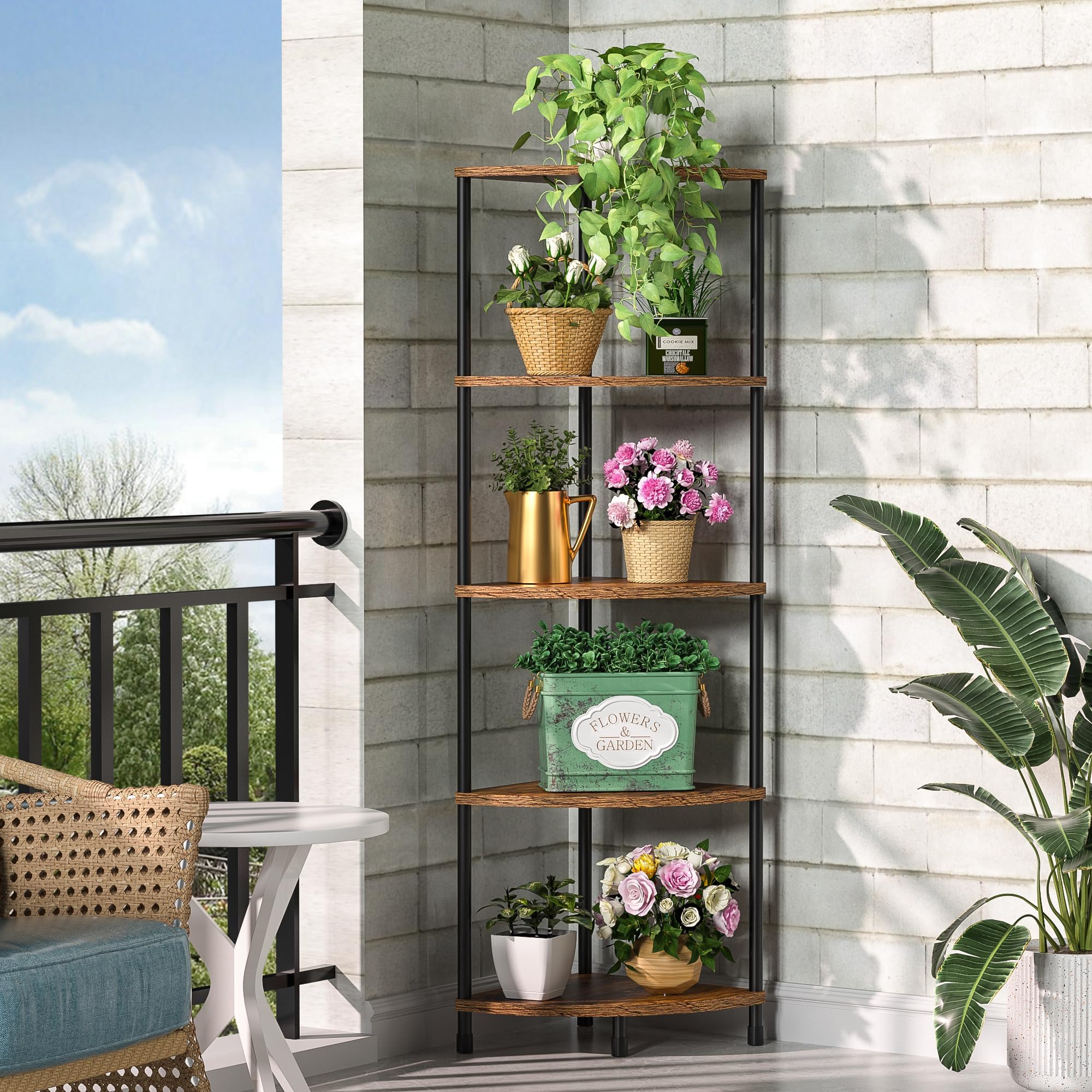 Greatseas Corner Plant Stand Shelf, 5 Tier Tall Shelf Plant Stand for Indoor Plants, Rustic Brown Corner Shelf Bookshelf Wall De