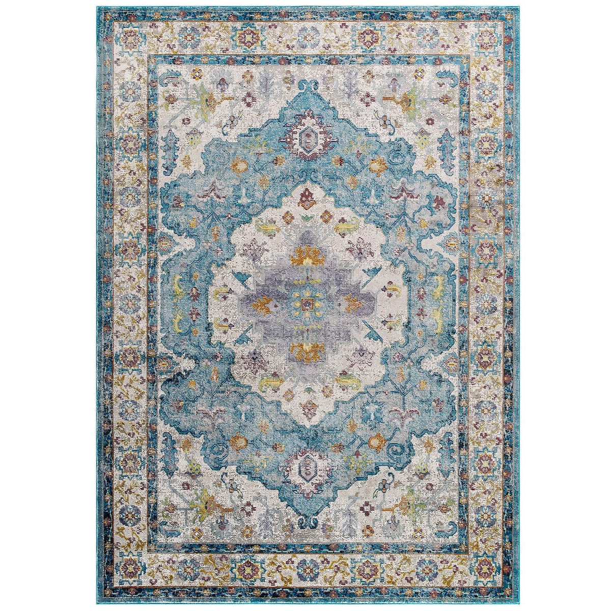 Modway Success Anisah Distressed Floral Vintage 4X6 Area Rug In Light Blue, Ivory, Yellow, Orange