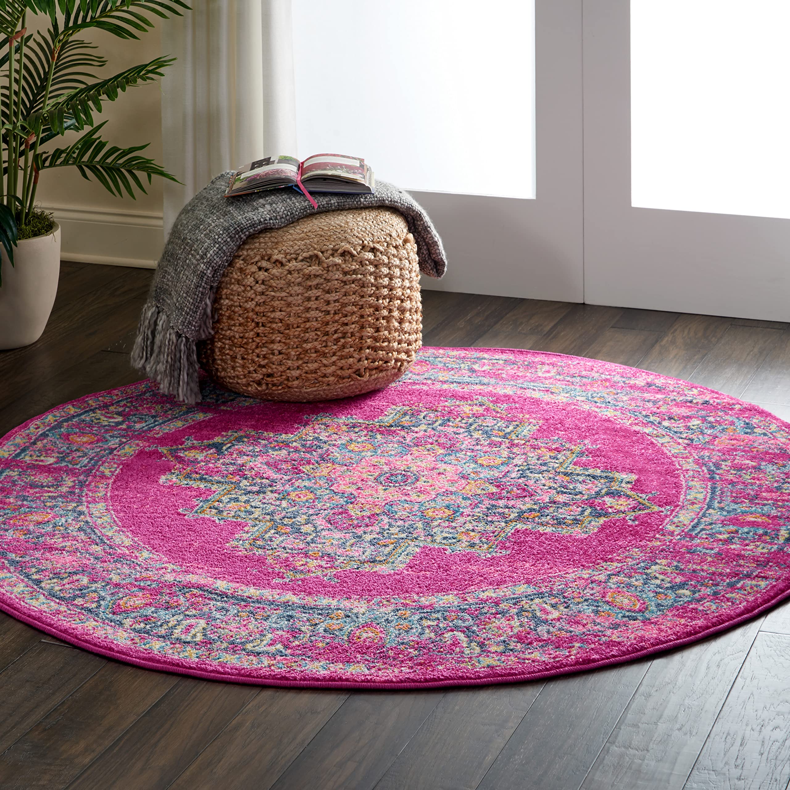 Nourison Passion Fuchsia 5'3' X Round Area Rug, Boho, Traditional, Easy Cleaning, Non Shedding, Bed Room, Living Room, Hallway,