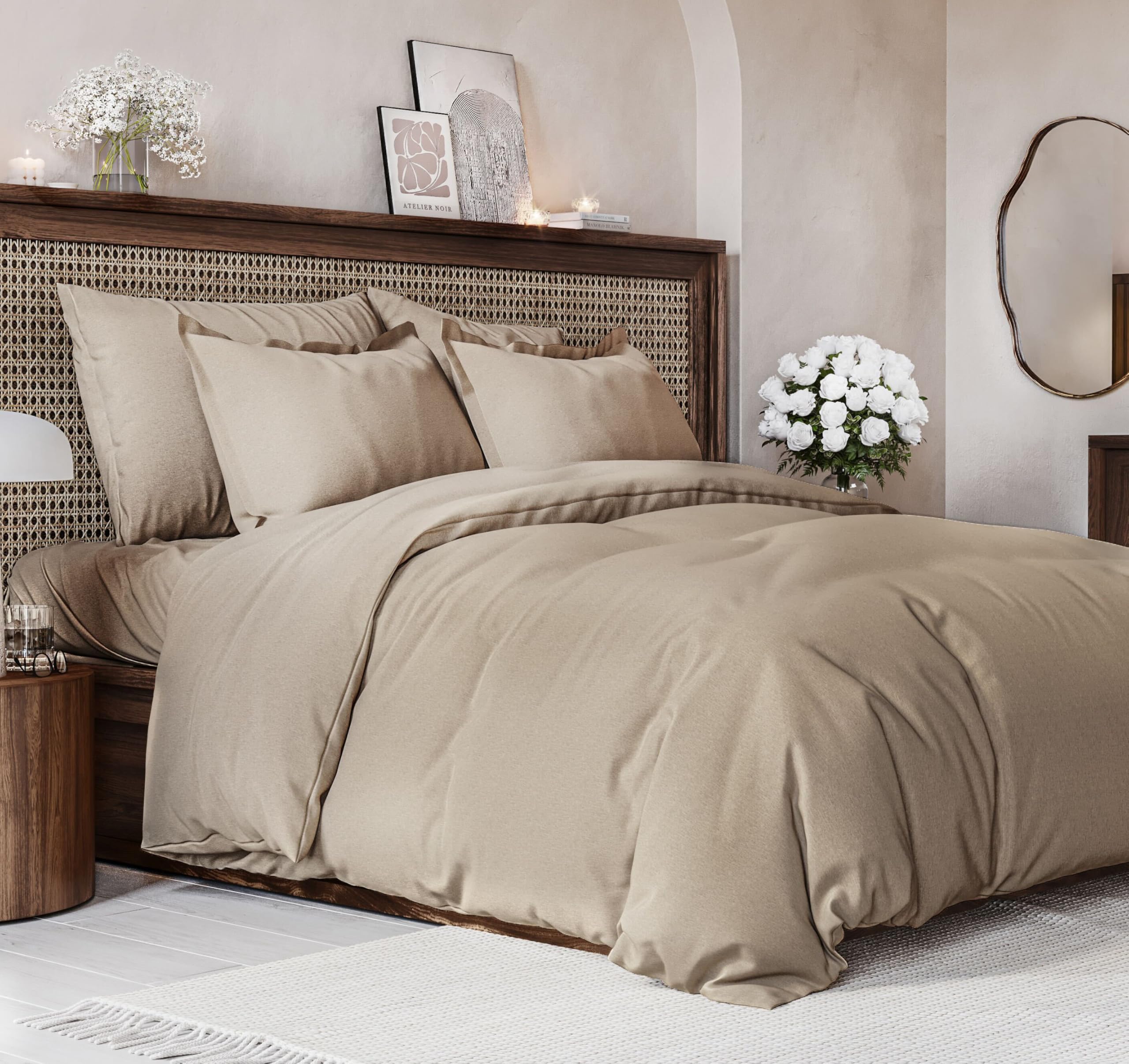 Duvet Cover Full Size Set - Extra Soft Full Size Duvet Cover 80 X 90 With 2 Pillow Shams - Hotel Luxury Easy Care & Fade Free W/ Zipper Closures & Ties - Comfy Breathable Bedding Set (Heathered Beige)
