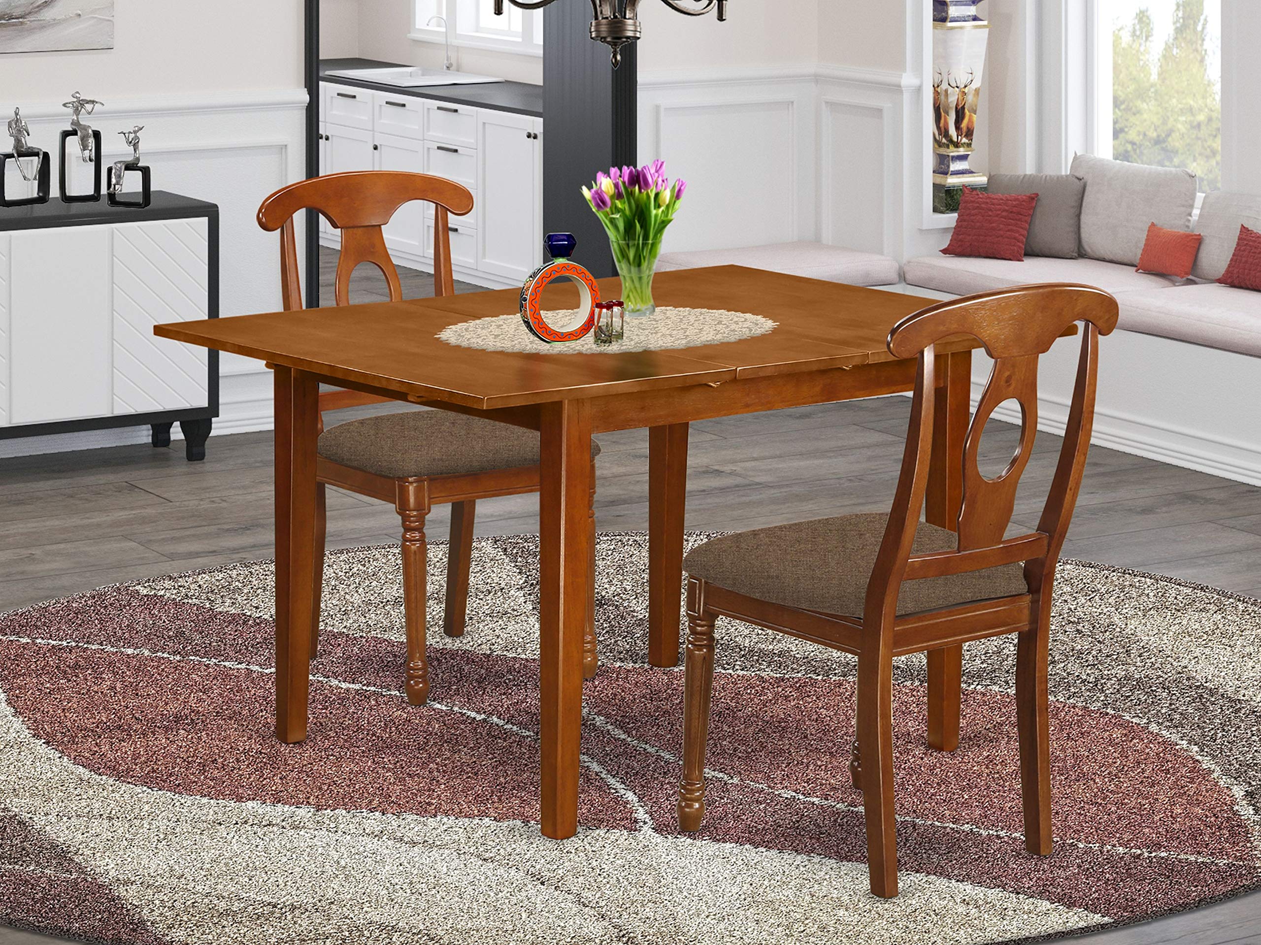 East West Furniture MLNA3-SBR-C 3 Piece Kitchen Table Set Contains a Rectangle Dining Room Table with Butterfly Leaf and 2 Linen Fabric Upholstered Dining Chairs, 36x54 Inch, Saddle Brown