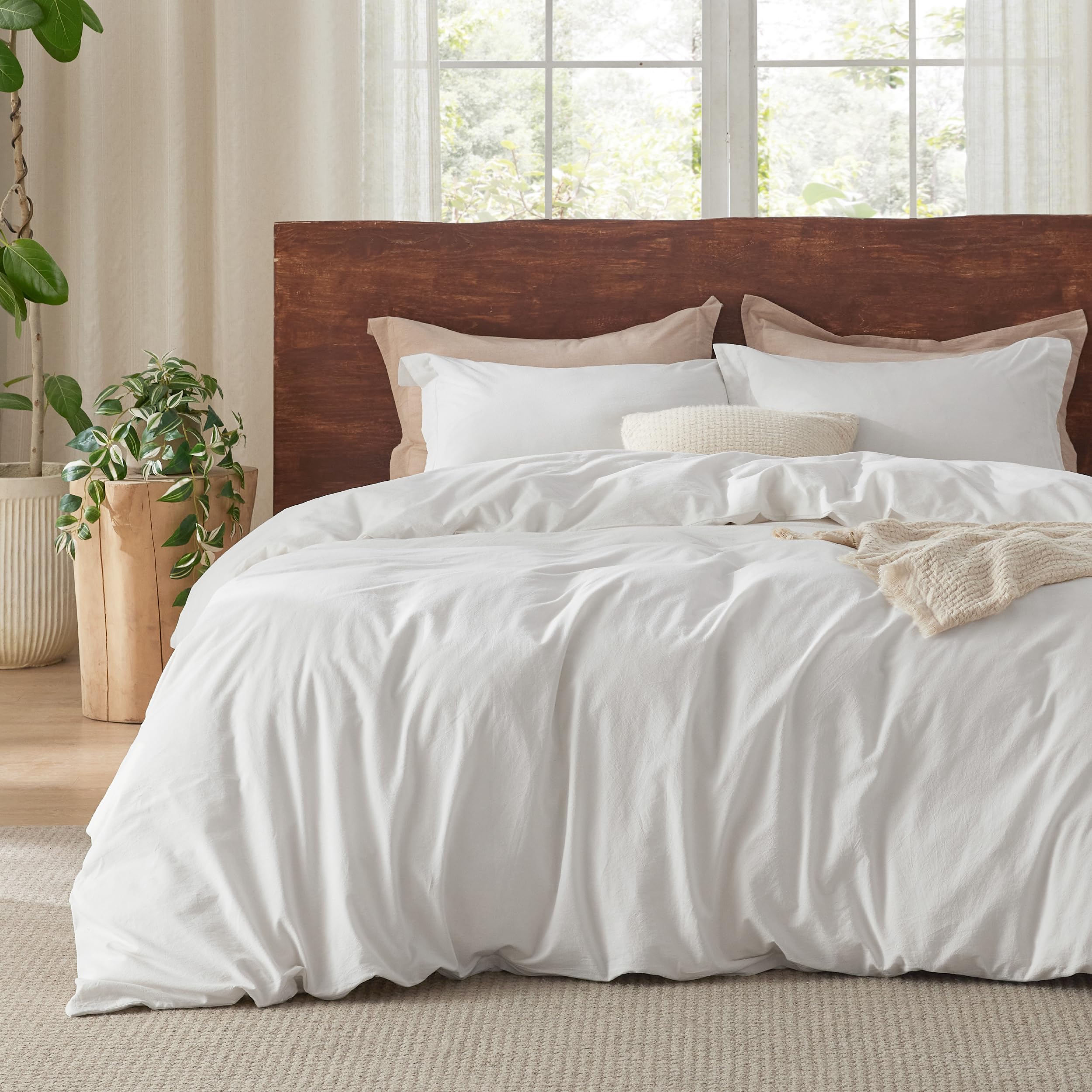 Bedsure 100% Washed Cotton Duvet Cover King Size - Minimalist Natural White Cotton Duvet Cover For All Seasons - Gentlesoft™ Plain Simple Bedding Set With 2 Pillow Shams (White, King, 104'X90')