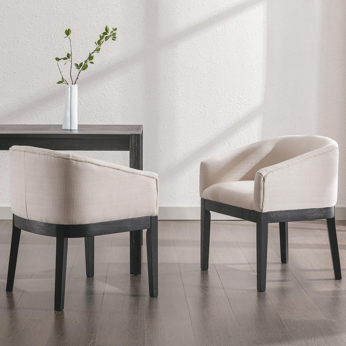 Rivova Beige Mid-Century Modern Dining Chairs Set Of 2, Linen Upholstered, Curved Backrest With Black Wood Legs