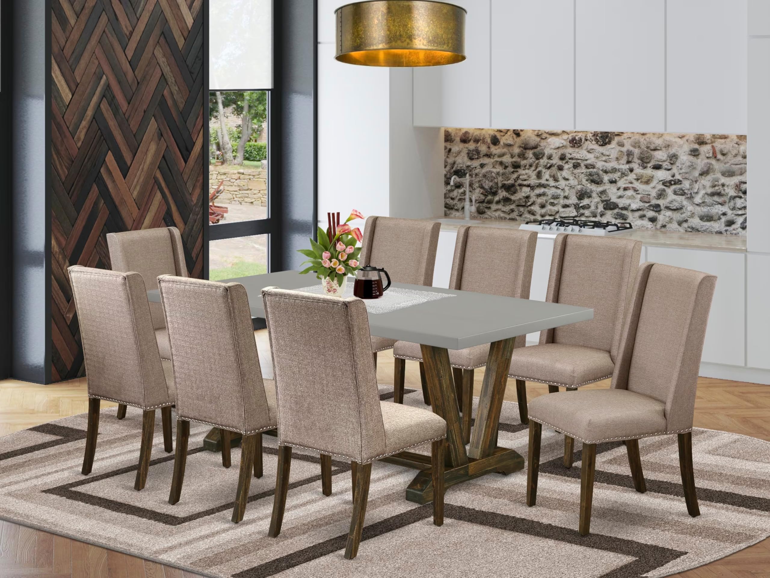 East West Furniture V797Fl716-9 9 Piece Dining Room Table Set Includes A Rectangle Dining Table With V-Legs And 8 Dark Khaki Linen Fabric Upholstered Chairs, 40X72 Inch, Multi-Color