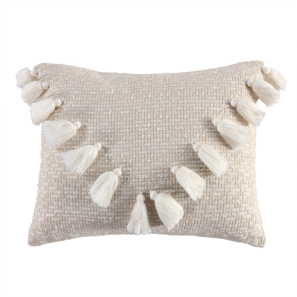Levtex Home - Mills Waffle - Tassel Pillow - Poly Filled - Tonal Cream And Taupe - Pillow Size (14 X 18In)