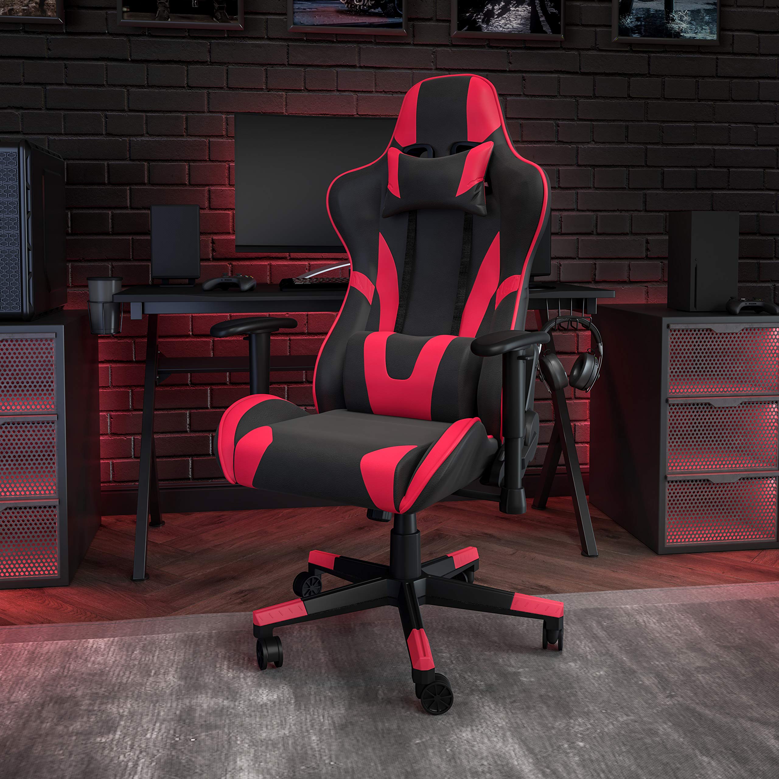 Flash Furniture X20 Fully Reclining Leathersoft Racing Style Gaming Chair With And Lumbar Pillows, Ergonomic Padded Swivel Computer Chair, Red/Black