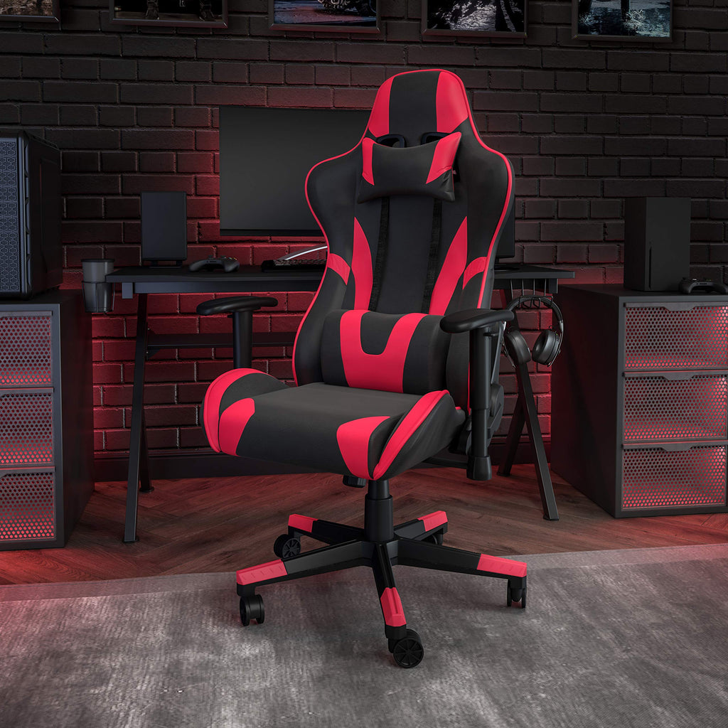 Flash Furniture X20 Fully Reclining Leathersoft Racing Style Gaming Chair With And Lumbar Pillows, Ergonomic Padded Swivel Computer Chair, Red/Black