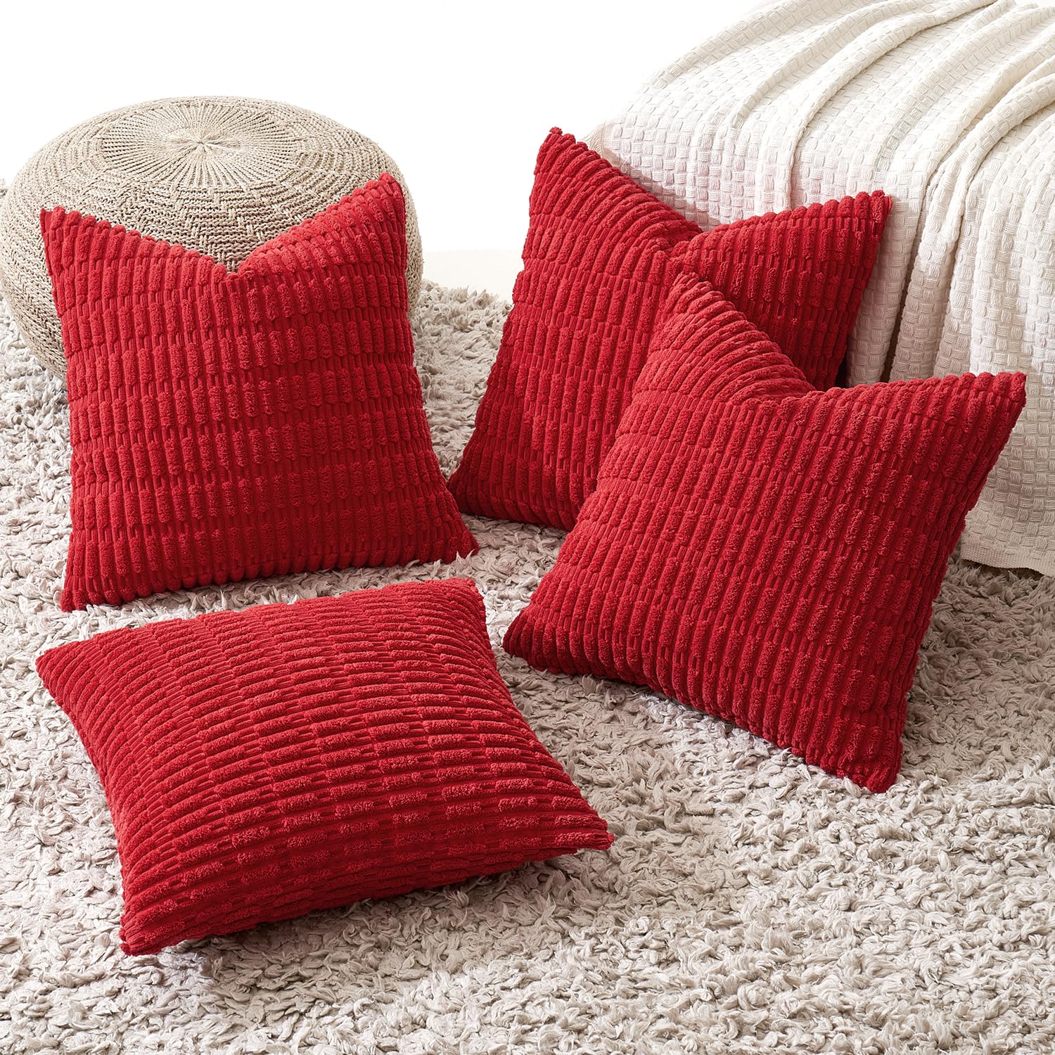 Miulee Pack Of 4 Red Corduroy Decorative Throw Pillow Covers 20X20 Inch Soft Boho Striped Pillow Covers Modern Farmhouse Home Decor For Sofa Living Room Couch Bed