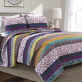 Lush Decor Boho Stripe Reversible Cotton Quilt 3-Piece Set, Full/ Queen, Plum & Yellow - Bold Colorful Bohemian Bedding Set