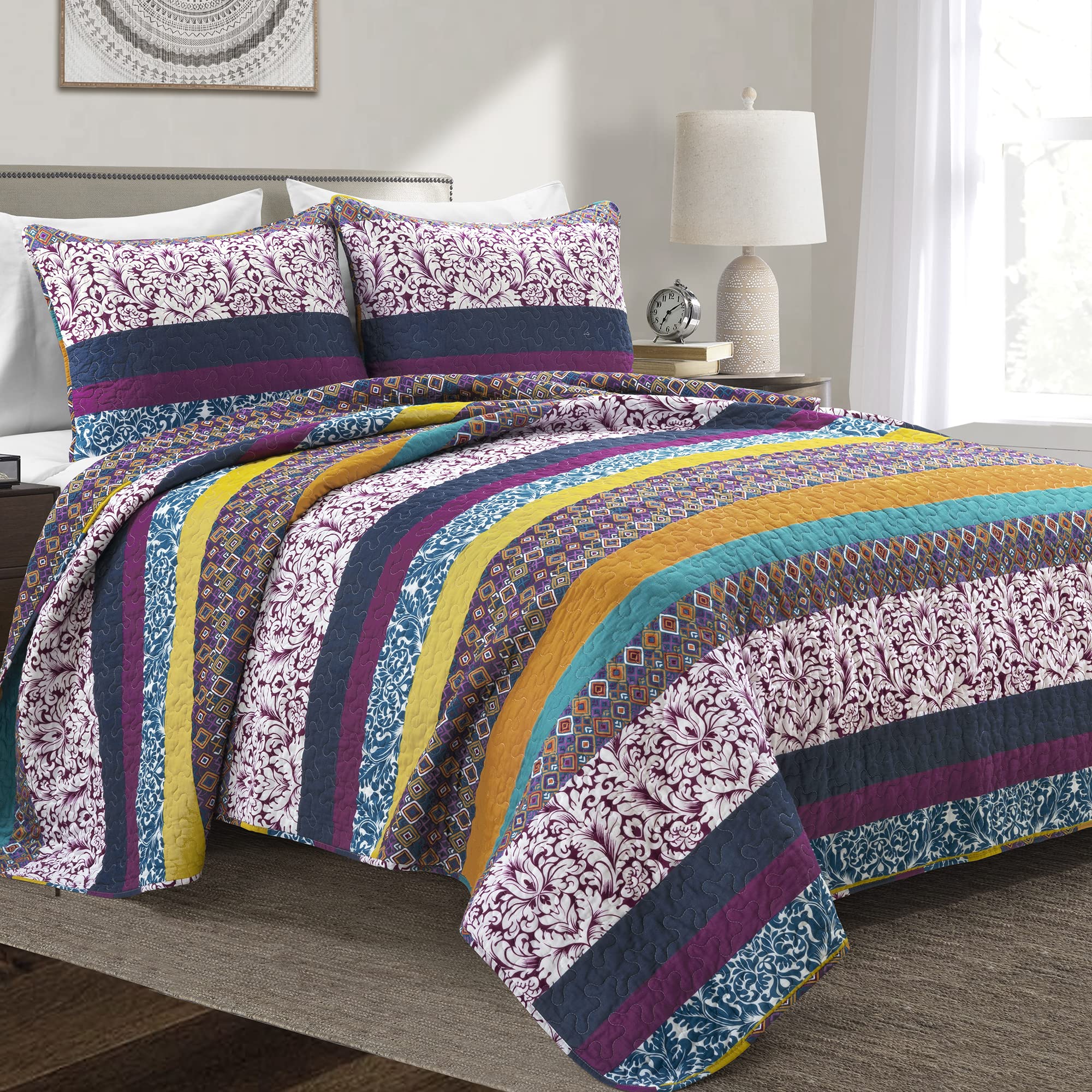 Lush Decor Boho Stripe Reversible Cotton Quilt 3-Piece Set, Full/ Queen, Plum & Yellow - Bold Colorful Bohemian Bedding Set