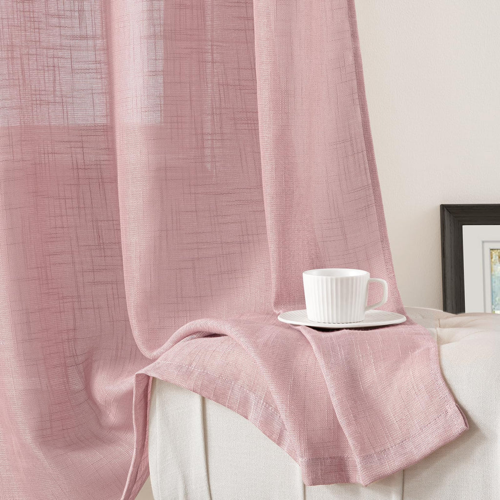 Homeideas Pink Linen Sheer Curtains 63 Inches Long 2 Panels Textured Semi Sheer Curtains Farmhouse Curtains Sheer Privacy Window