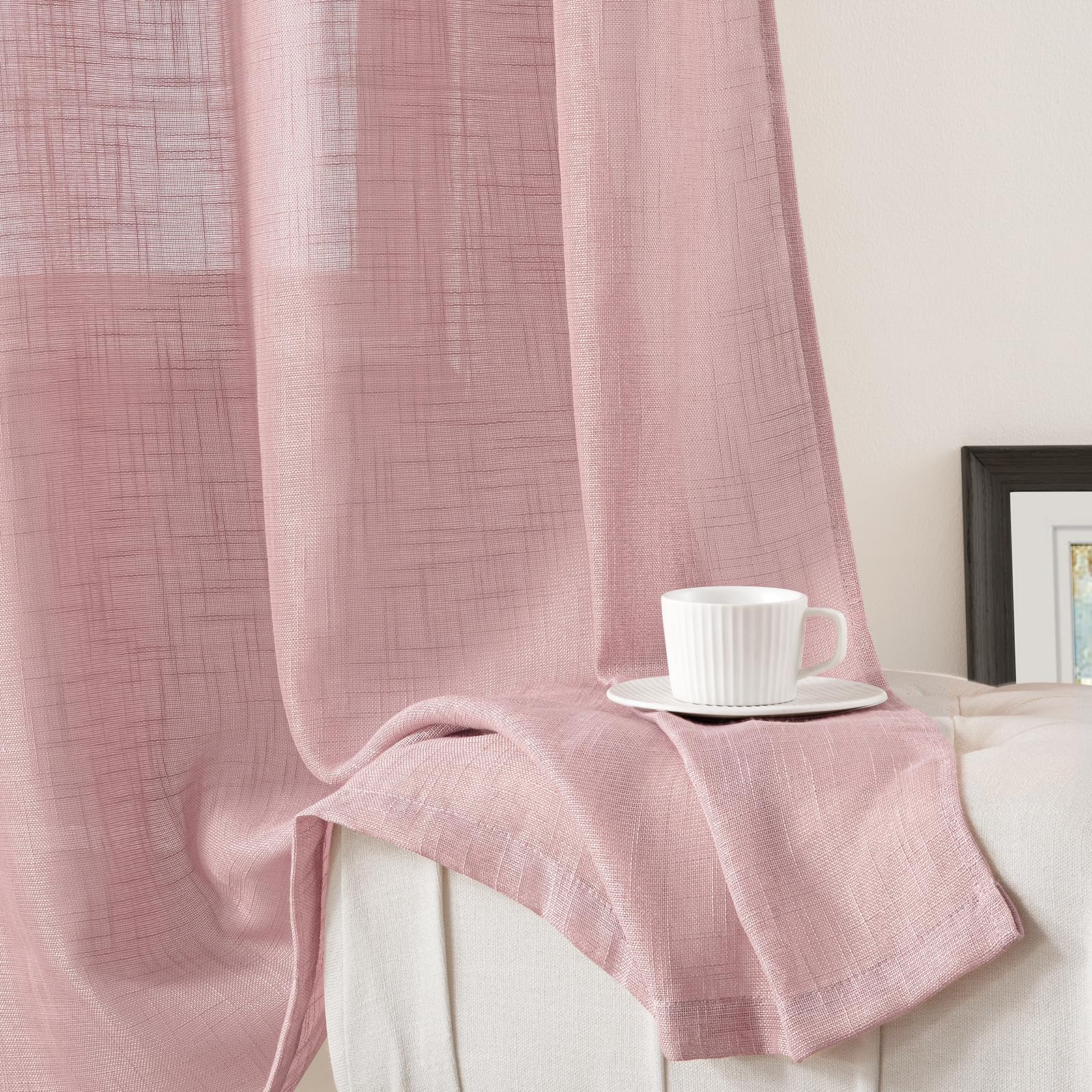 Homeideas Pink Linen Sheer Curtains 63 Inches Long 2 Panels Textured Semi Sheer Curtains Farmhouse Curtains Sheer Privacy Window
