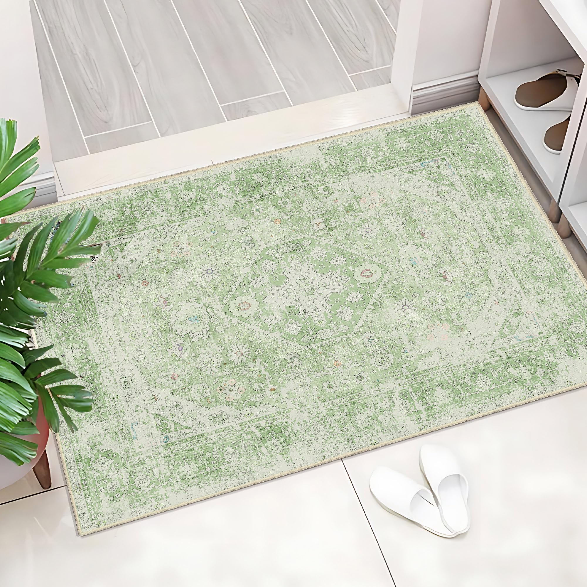 MUJOO Green Rug Washable Small Entryway Rug Boho Bathroom Rugs for Bedroom Non Slip Throw Carpet Sage Green Entry Area Rug for F