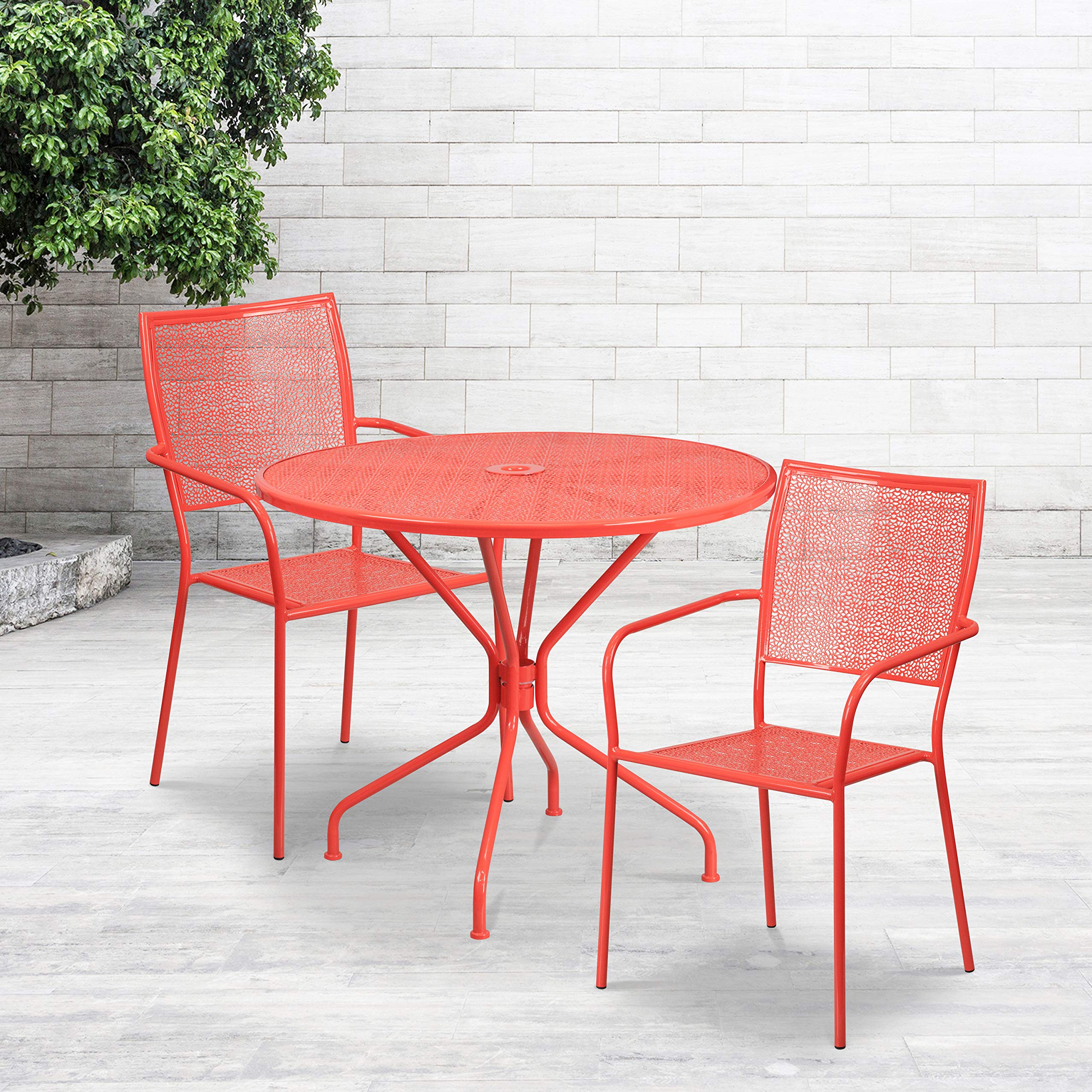 Flash Furniture Commercial Grade 35.25' Round Coral Indoor-Outdoor Steel Patio Table Set With 2 Square Back Chairs