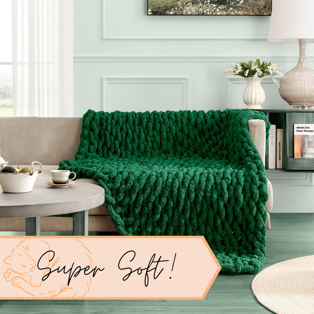 Adyrescia Chunky Knit Blanket Throw | 100% Hand Knit With Jumbo Chenille Yarn (50''X60'', Forest Green)