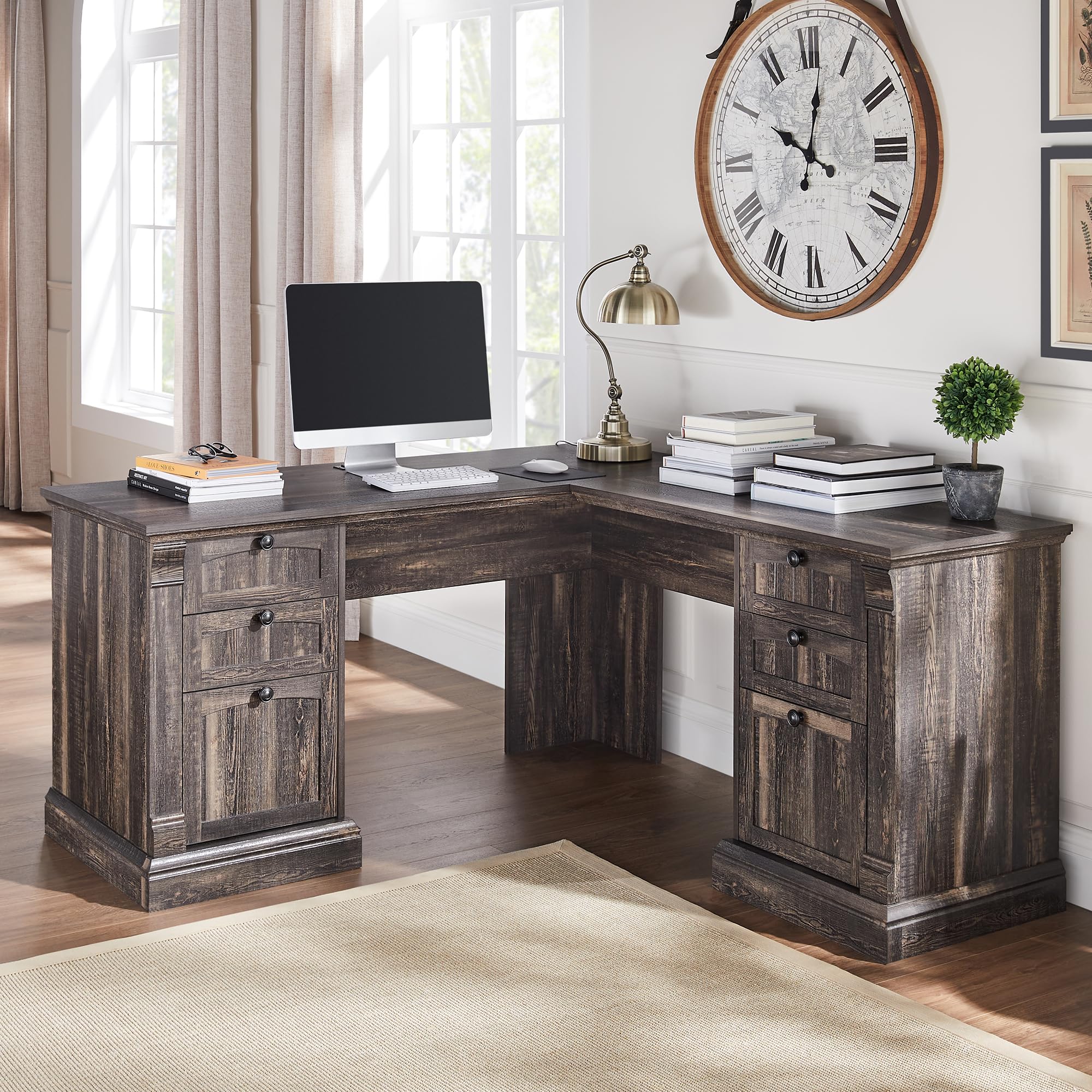OKD 60  L Shaped Executive Desk with Drawers, Farmhouse Home Office Desk with Charging Station, File Cabinet Storage, Wood Corne