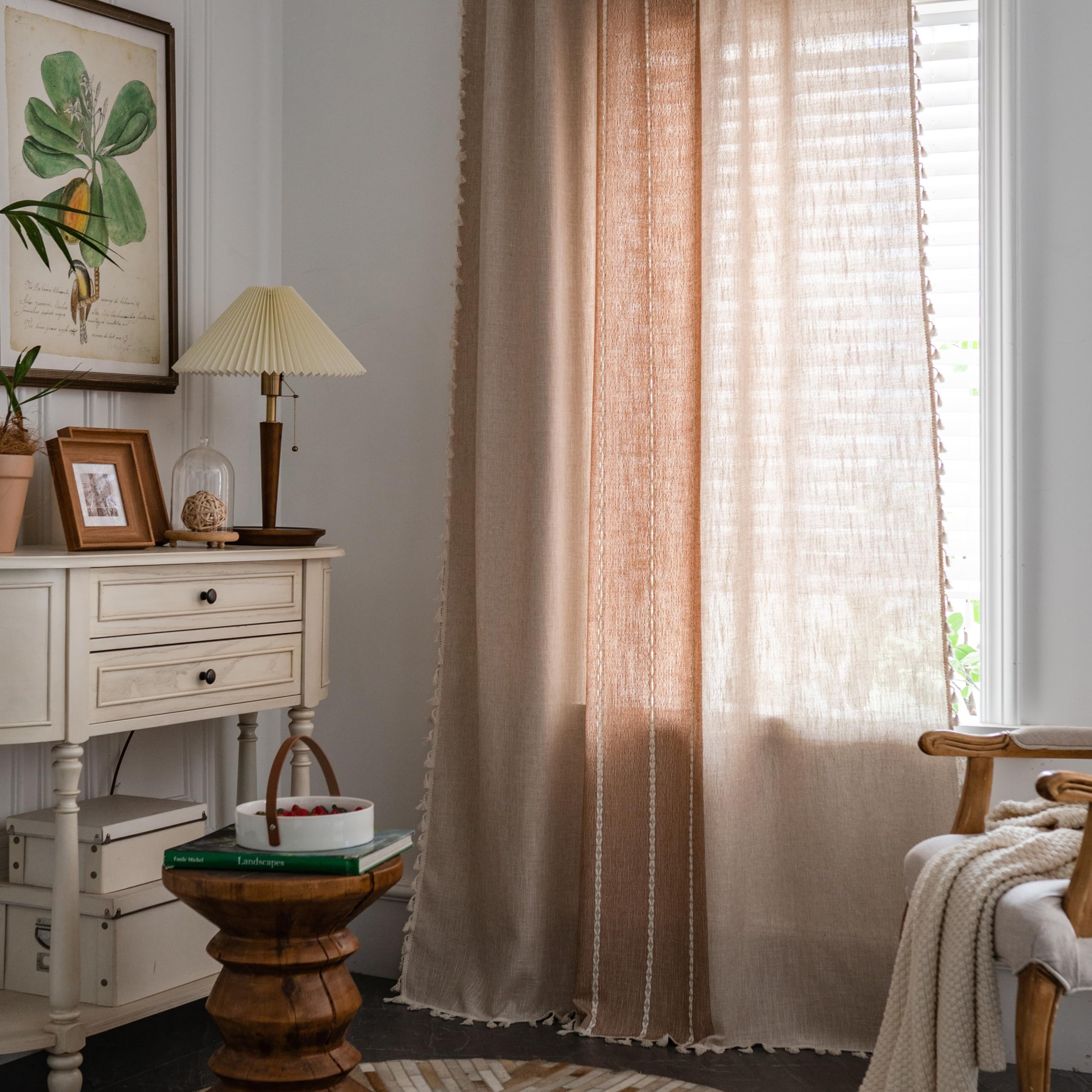 Sutuo Home Boho Curtains 102 Inches For Bedroom Dining Room, Semi Blackout Linen Farmhouse Tassel Window Treatment Bohemian Embroidery Striped Drape, Rod Pocket 1 Panel 52' W X 102' L, Coffee Linen
