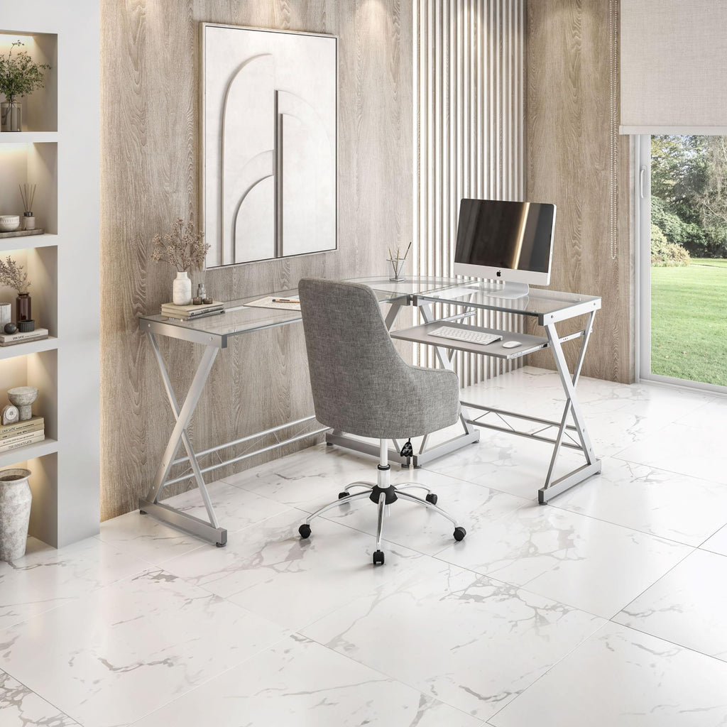 Techni Mobili L Shaped Desk With Keyboard Tray - Efficient Work From Home Desk - Glass L Shaped Desk - Professional Work Desk For Home Office - Versatile Glass Corner Desks For Home Office