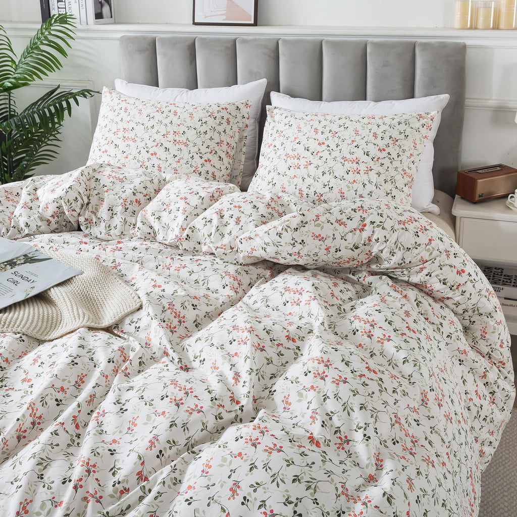 Honeilife Duvet Cover Queen Size - Cotton Comforter Cover Floral Duvet Cover Sets 3-Pc, Soft & Breathable Duvet Cover With Zippe