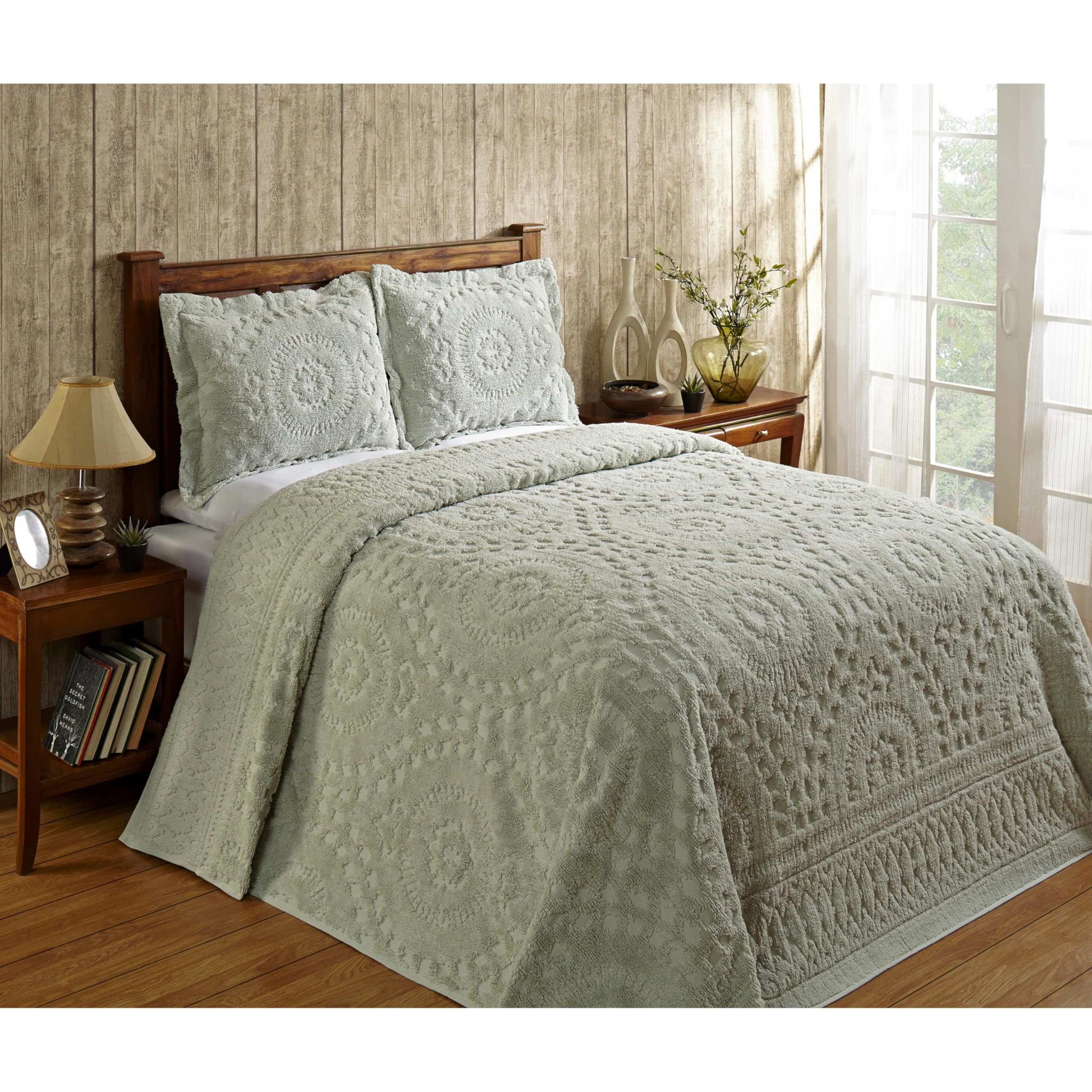 Better Trends Bedspreads, Queen Size Bedspread 100% Cotton Chenille Coverlet Bed Spread, 102' X 110' Sage Medallion Design, Soft Lightweight All Season