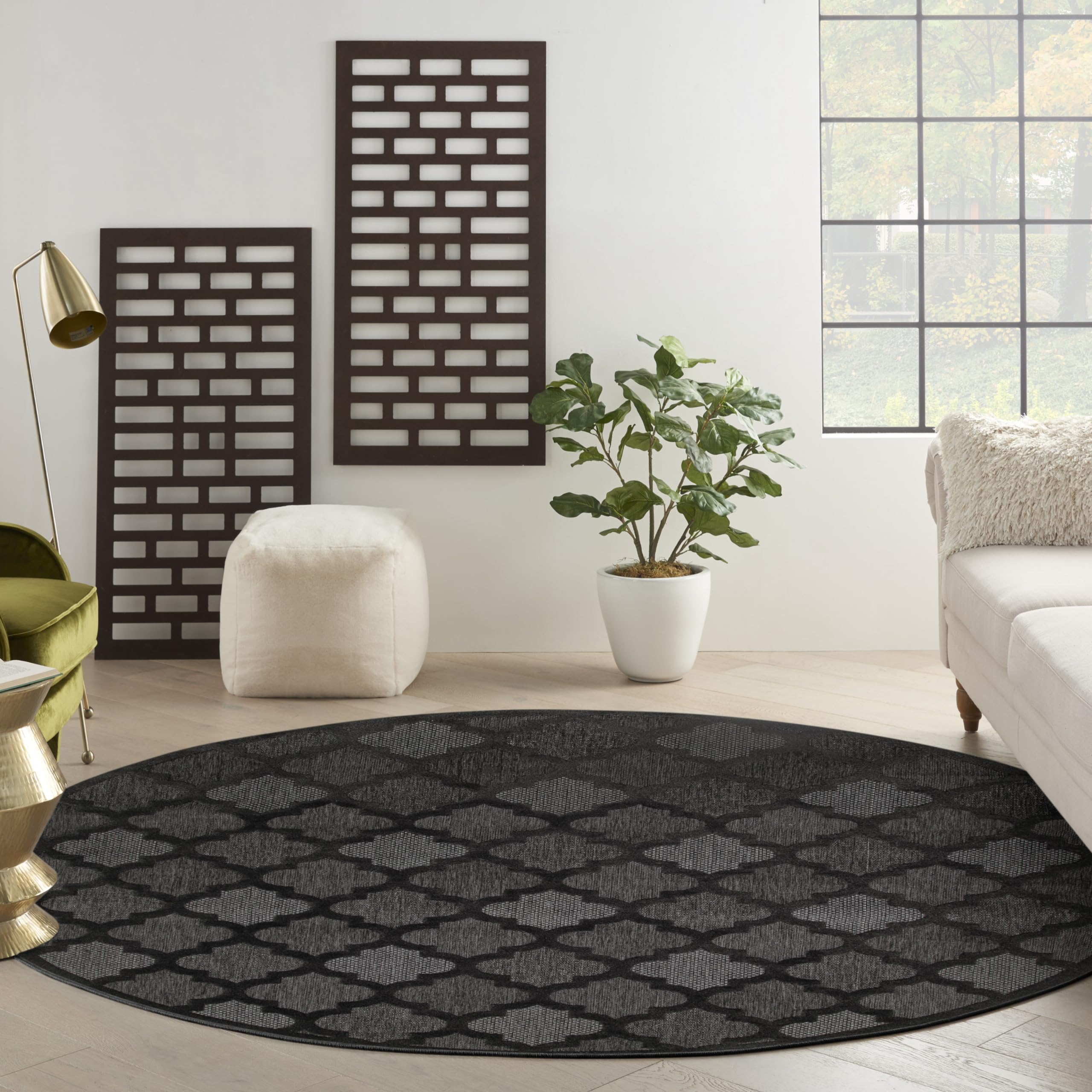 Nourison Easy Care Indoor/Outdoor Charcoal Black 8' X Round Area Rug, Easy Cleaning, Non Shedding, Bed Room, Living Room, Dining Room, Backyard, Deck, Patio (8 Round)