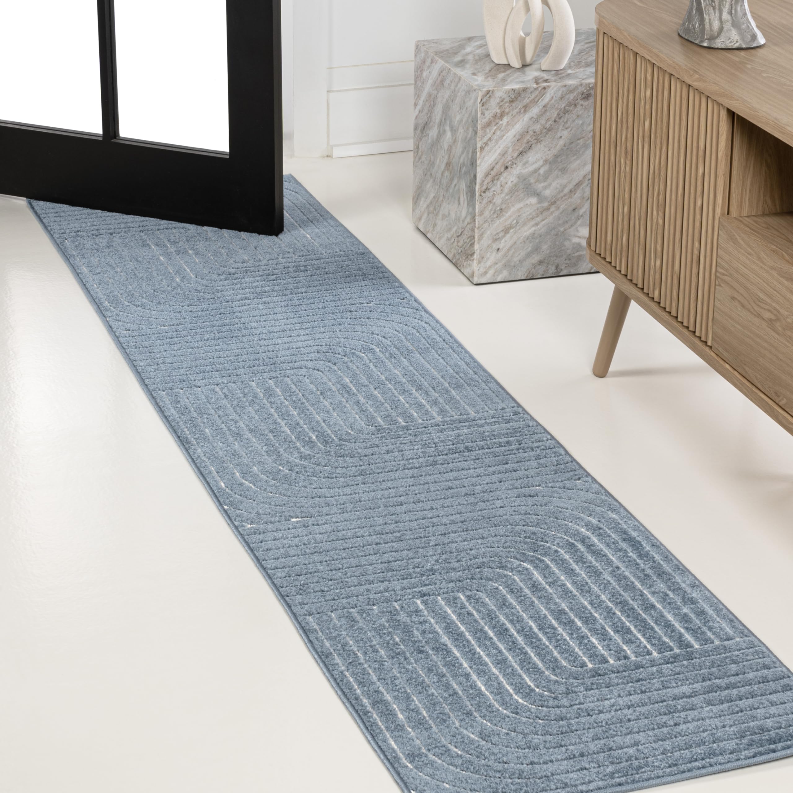 JONATHAN Y SCN101D-28 Odense High-Low Minimalist Angle Geometric Dark Blue/Cream 2 ft. x 8 ft. Indoor/Outdoor Runner Rug for Pat