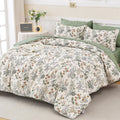 Wongs Bedding Floral Comforter Set Queen Size,7 Pieces Bed In A Bag Green Leave Bedding Sets Botanical Microfiber Comforter Soft