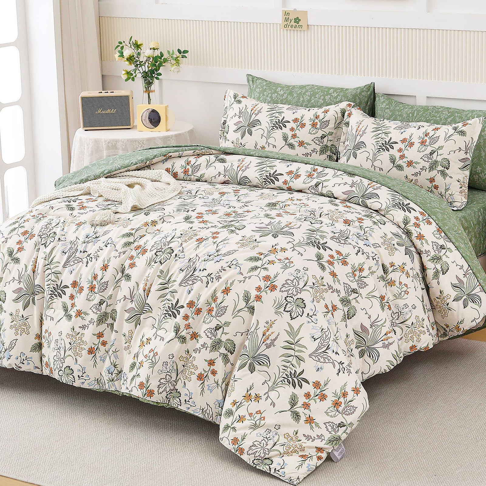 Wongs Bedding Floral Comforter Set Queen Size,7 Pieces Bed In A Bag Green Leave Bedding Sets Botanical Microfiber Comforter Soft