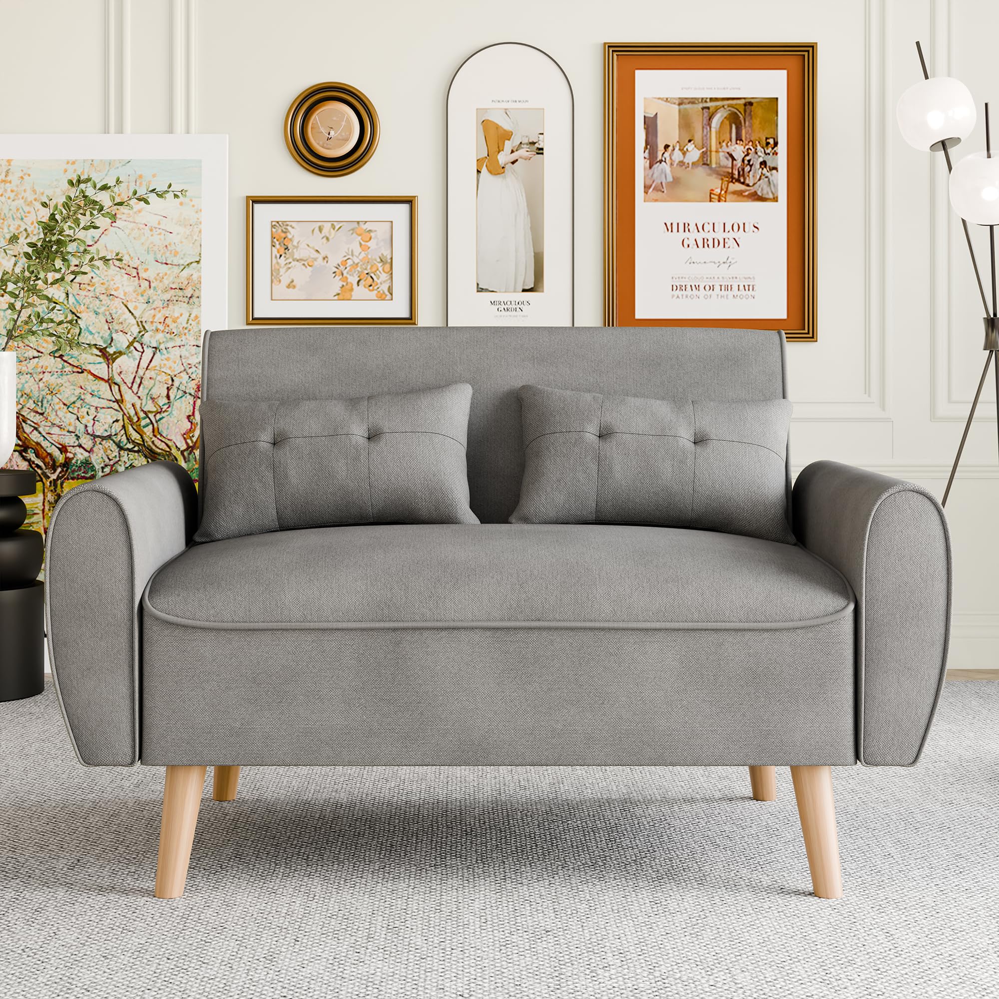 Vongrasig 47 Small Modern Loveseat Sofa, Mid Century Linen Fabric 2-Seat Sofa Couch Tufted Love Seat with Back Cushions and Tape