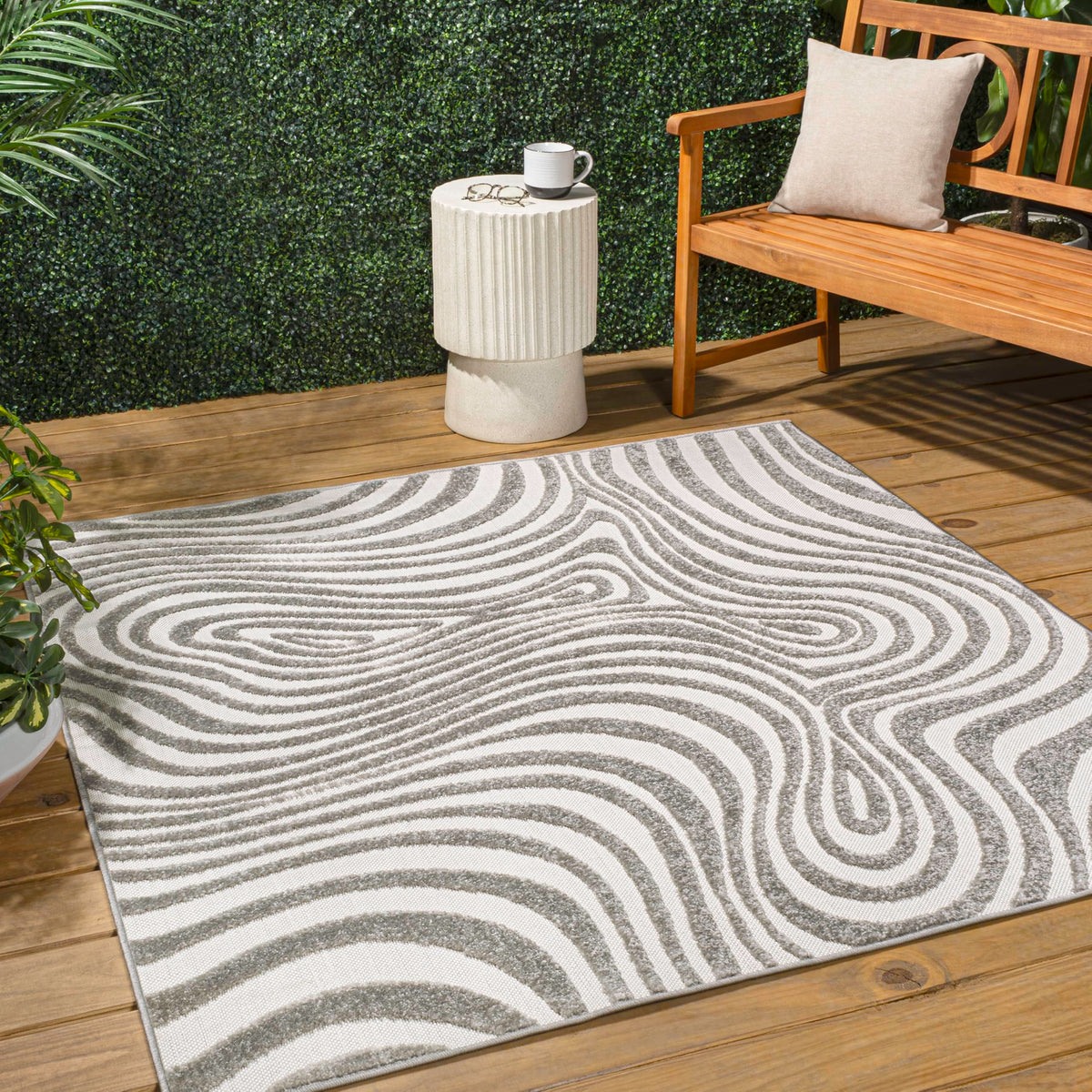 Jonathan Y Scn103B-7Sq Maribo High-Low Abstract Groovy Striped Gray/Ivory 7' Square Indoor/Outdoor Area Rug, Pet Friendly, Non-S