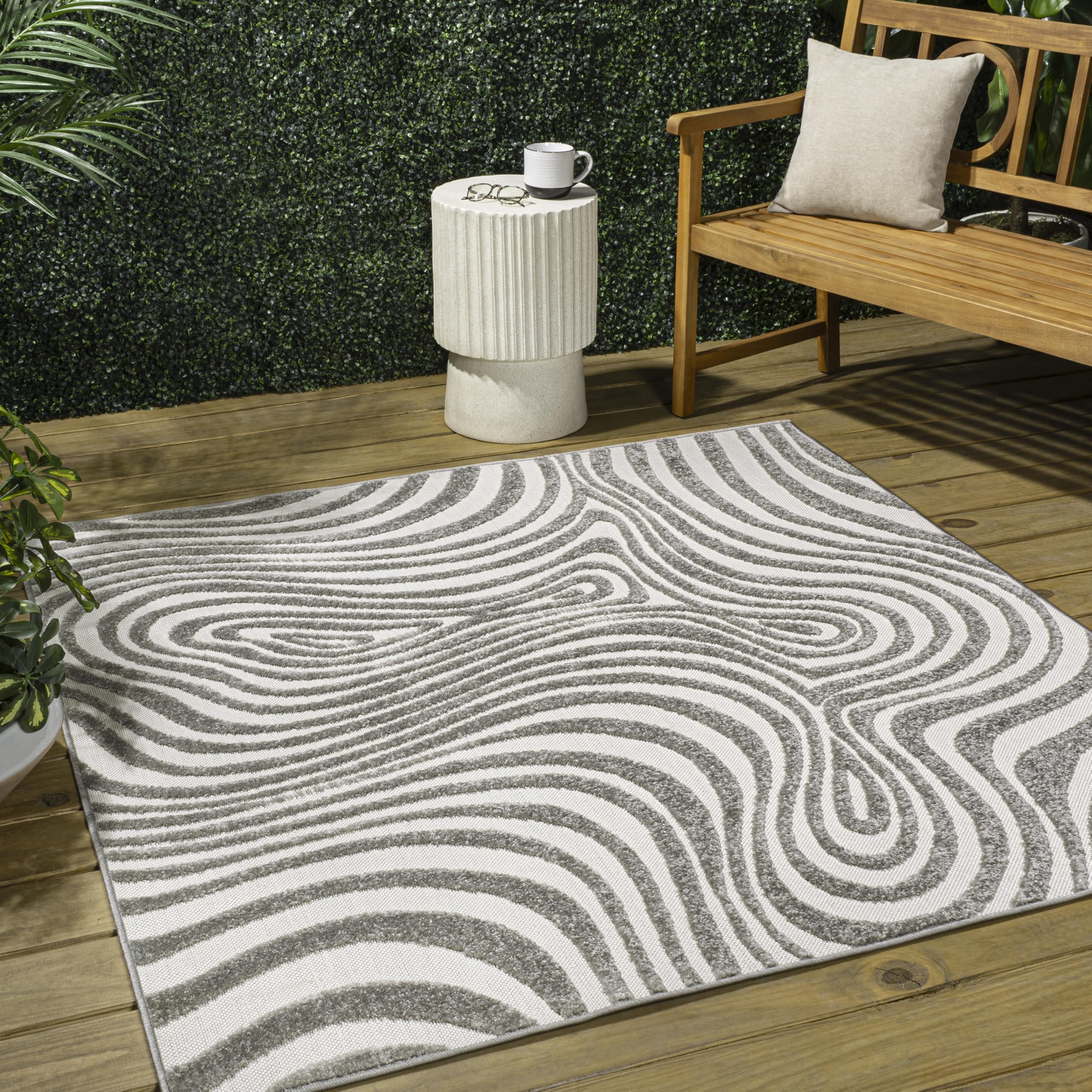 JONATHAN Y SCN103B-9SQ Maribo High-Low Abstract Groovy Striped Gray/Ivory 9 Square Indoor/Outdoor Area Rug, Pet Friendly, Non-S