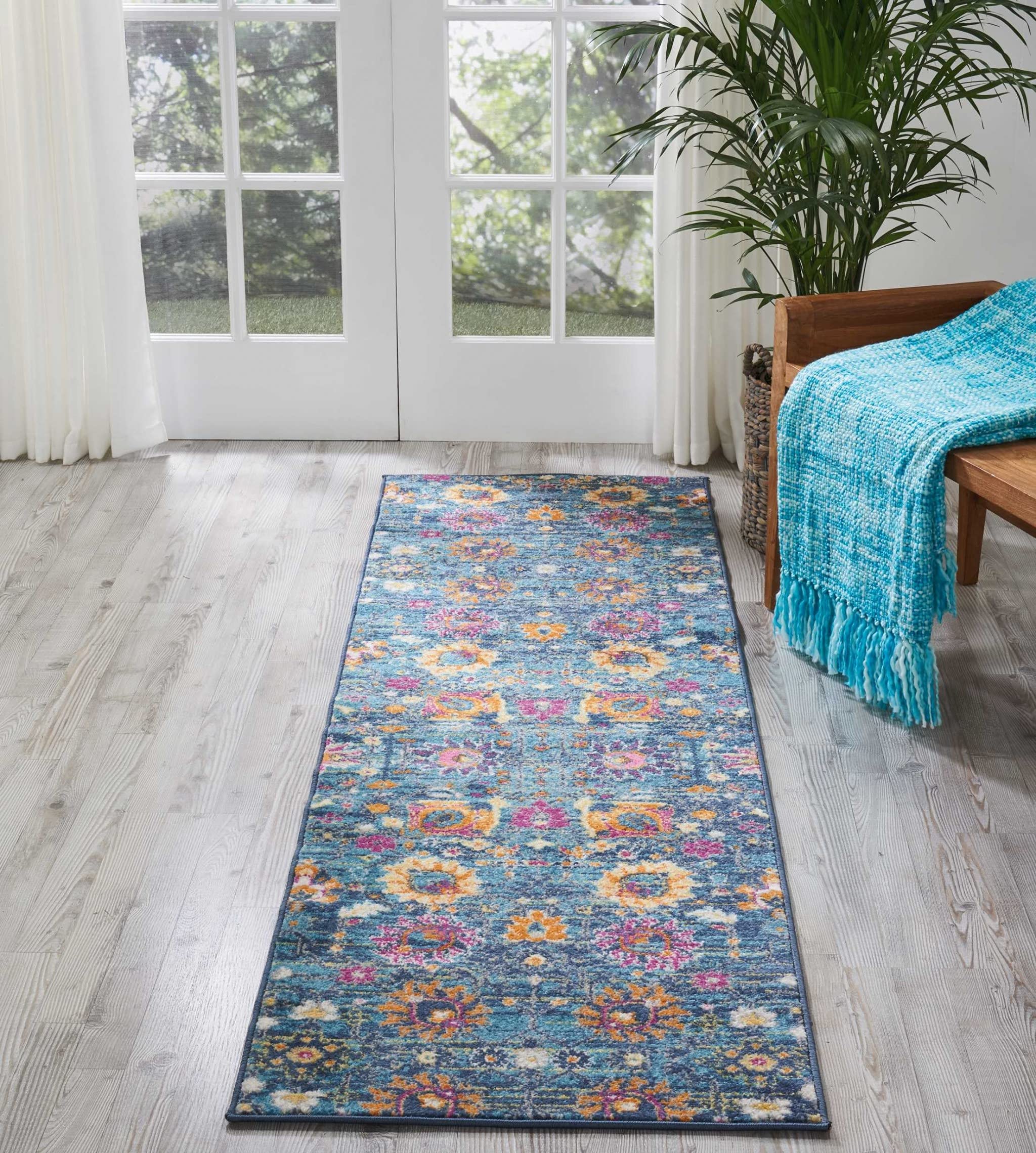 HomeRoots 100% Polypropylene 2â?? x 8â?? Denim Blue Florals Distressed Runner Rug