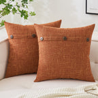 Miulee Set Of 2 Fall Linen Throw Pillow Covers Cushion Case Triple Button Vintage Farmhouse Pillowcase For Couch Sofa Bed 20 X 20 Inch Rust