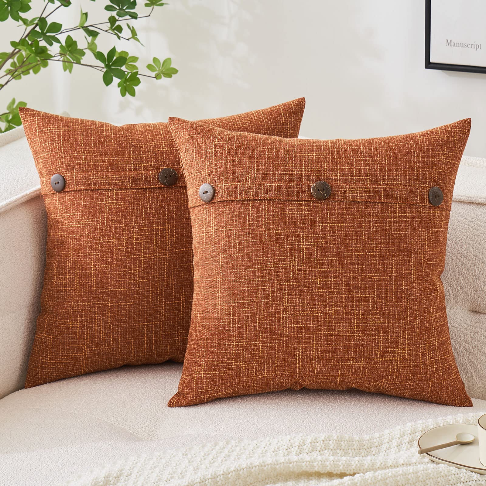 Miulee Set Of 2 Fall Linen Throw Pillow Covers Cushion Case Triple Button Vintage Farmhouse Pillowcase For Couch Sofa Bed 20 X 20 Inch Rust