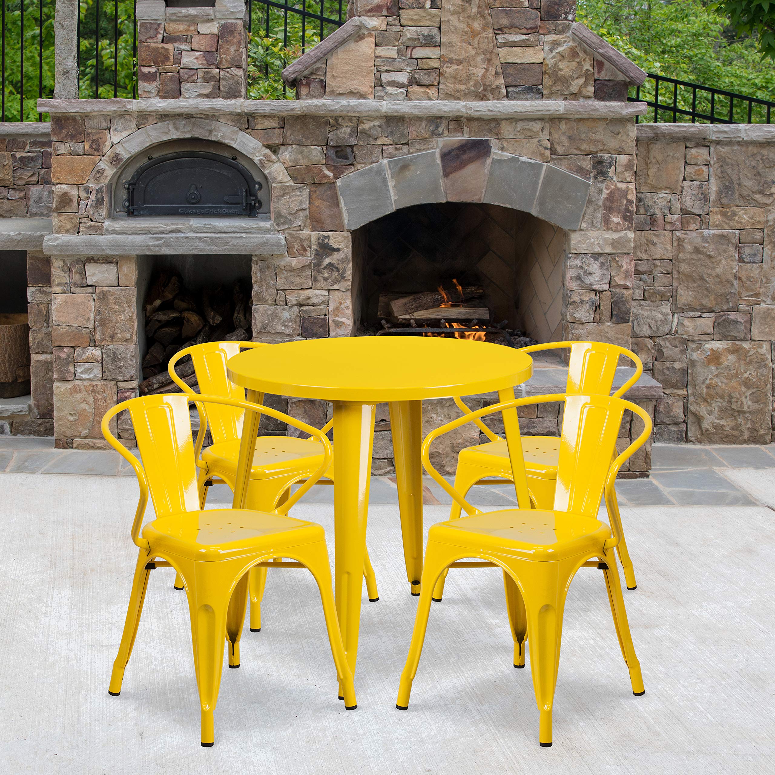 Flash Furniture Commercial Grade 30&quot; Round Yellow Metal Indoor-Outdoor Table Set With 4 Arm Chairs
