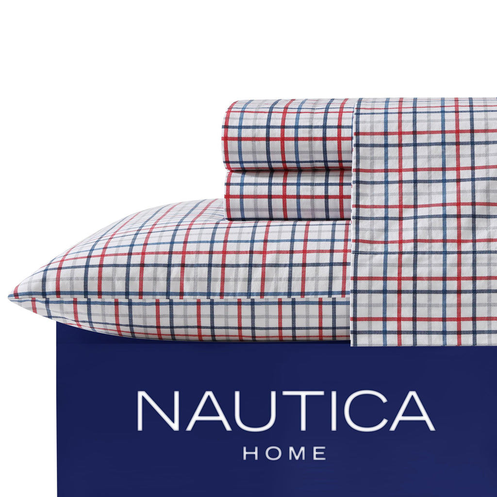 Nautica - Twin Xl Sheet Set, Cotton Percale Bedding Set, Crisp & Cool, Lightweight & Breathable (Boating Tattersall Red, Twin Xl)