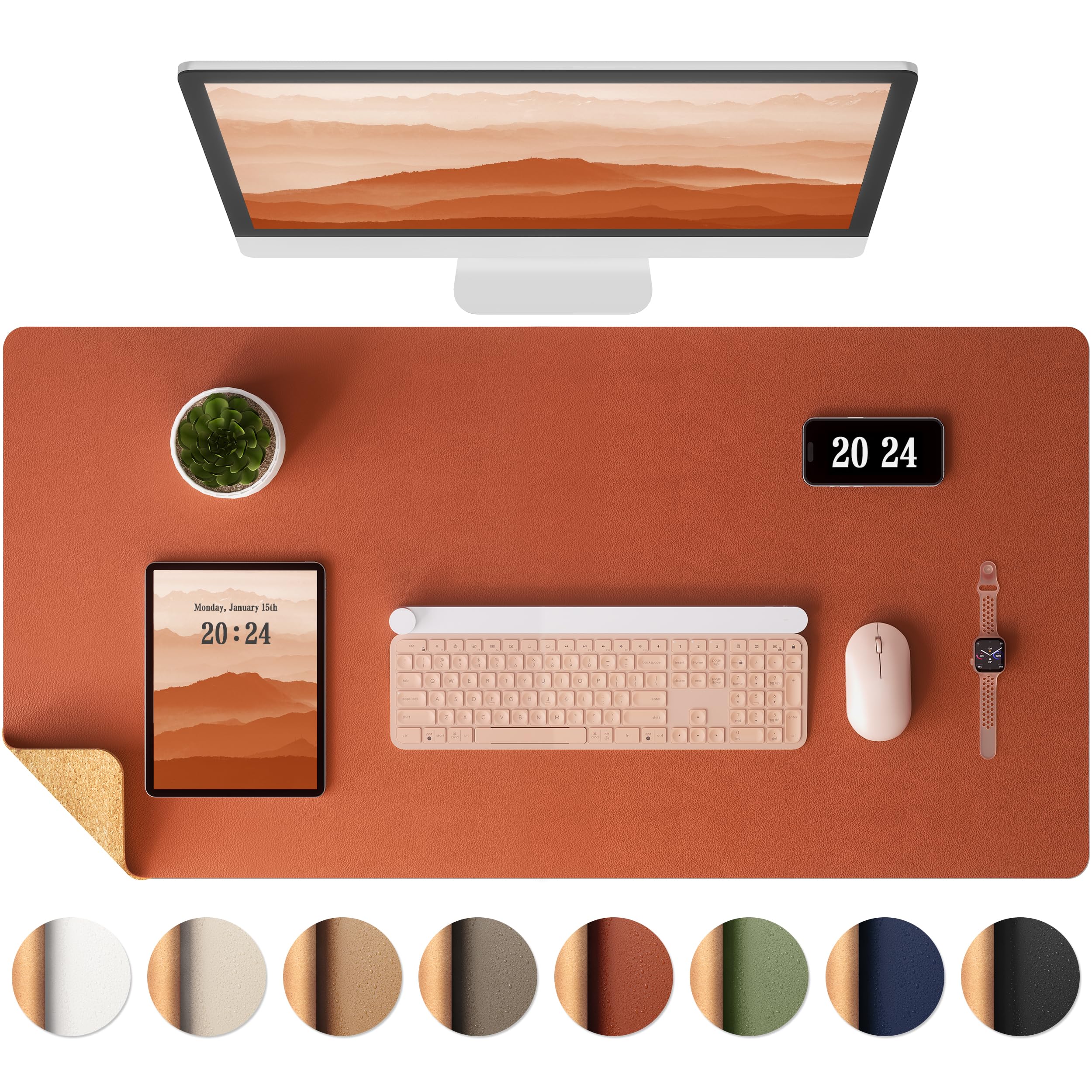 Aothia Dual-Sided Desk Pad - Leather Desk Mat, Natural Cork Desk Pad Protector, Large Mouse Pad For Desk, Waterproof Desk Blotte