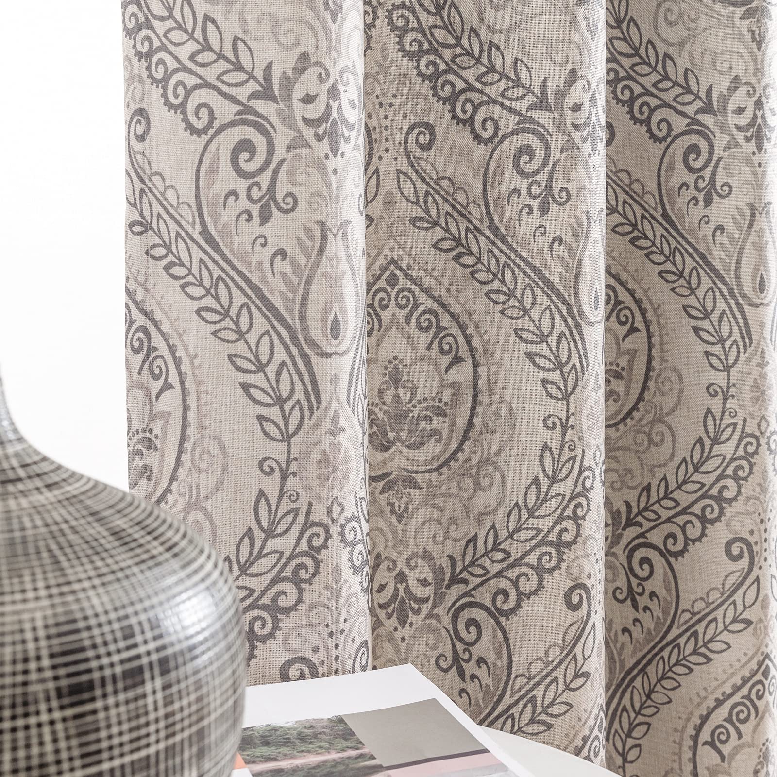 jinchan Linen Textured Curtains for Living Room Darkening 63 Inch Length, Medallion Drapes for Bedroom, Damask Pattern Window Tr