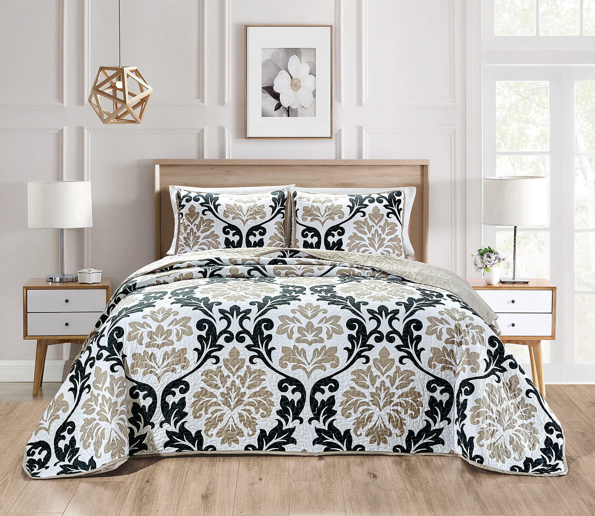 Masterplay 3-Piece Fine Printed Oversize (118' X 95') Quilt Set, Bedspread Coverlet King Size Bed Cover (Black, Grey On Light