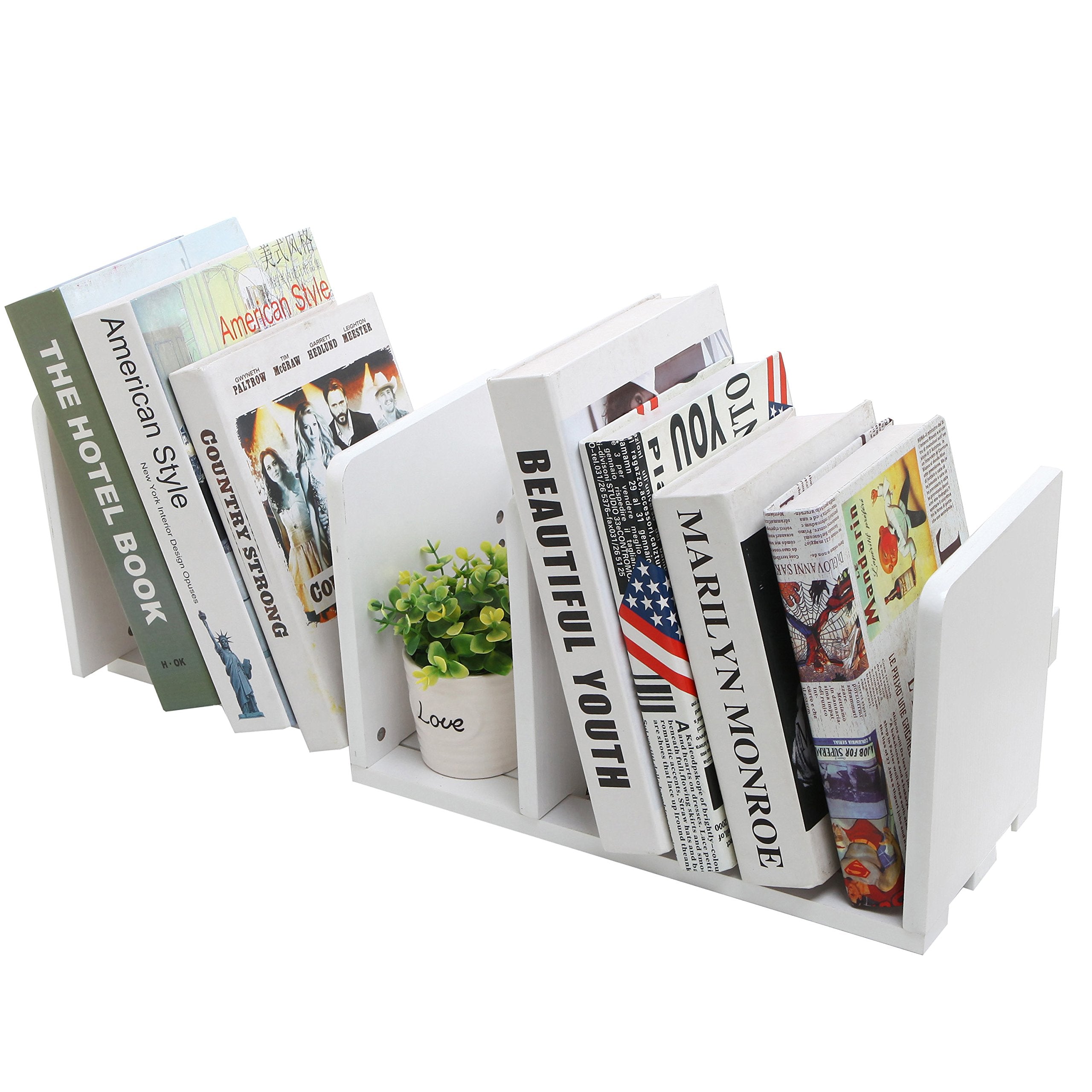 Mygift White Wood Desktop Bookshelf Organizer, Expandable Adjustable Display Shelf Book Rack