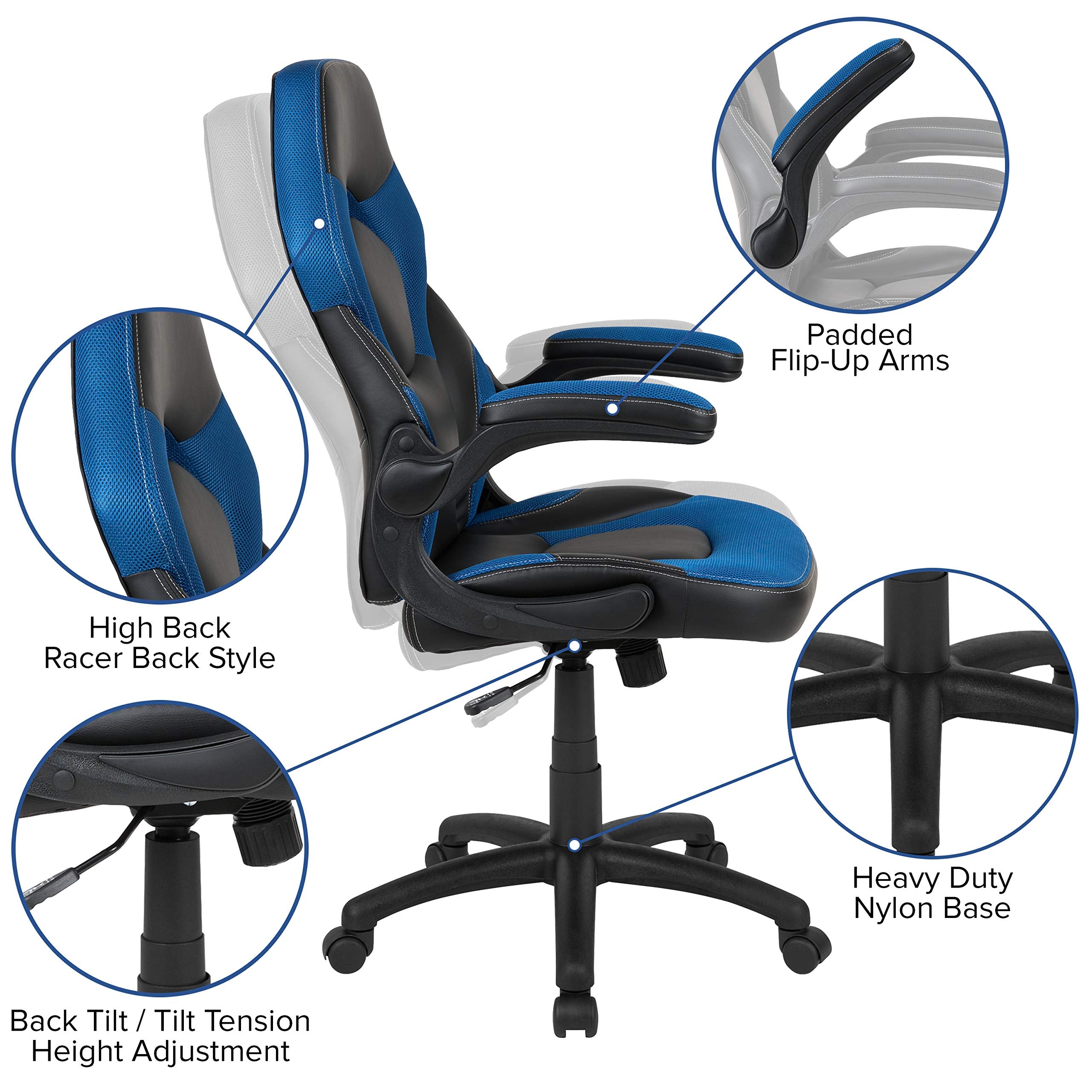 Flash Furniture X10 High-Back Leathersoft Racing Style Gaming Chair With Flip-Up Arms, Ergonomic Padded Swivel Computer Chair, Blue/Black