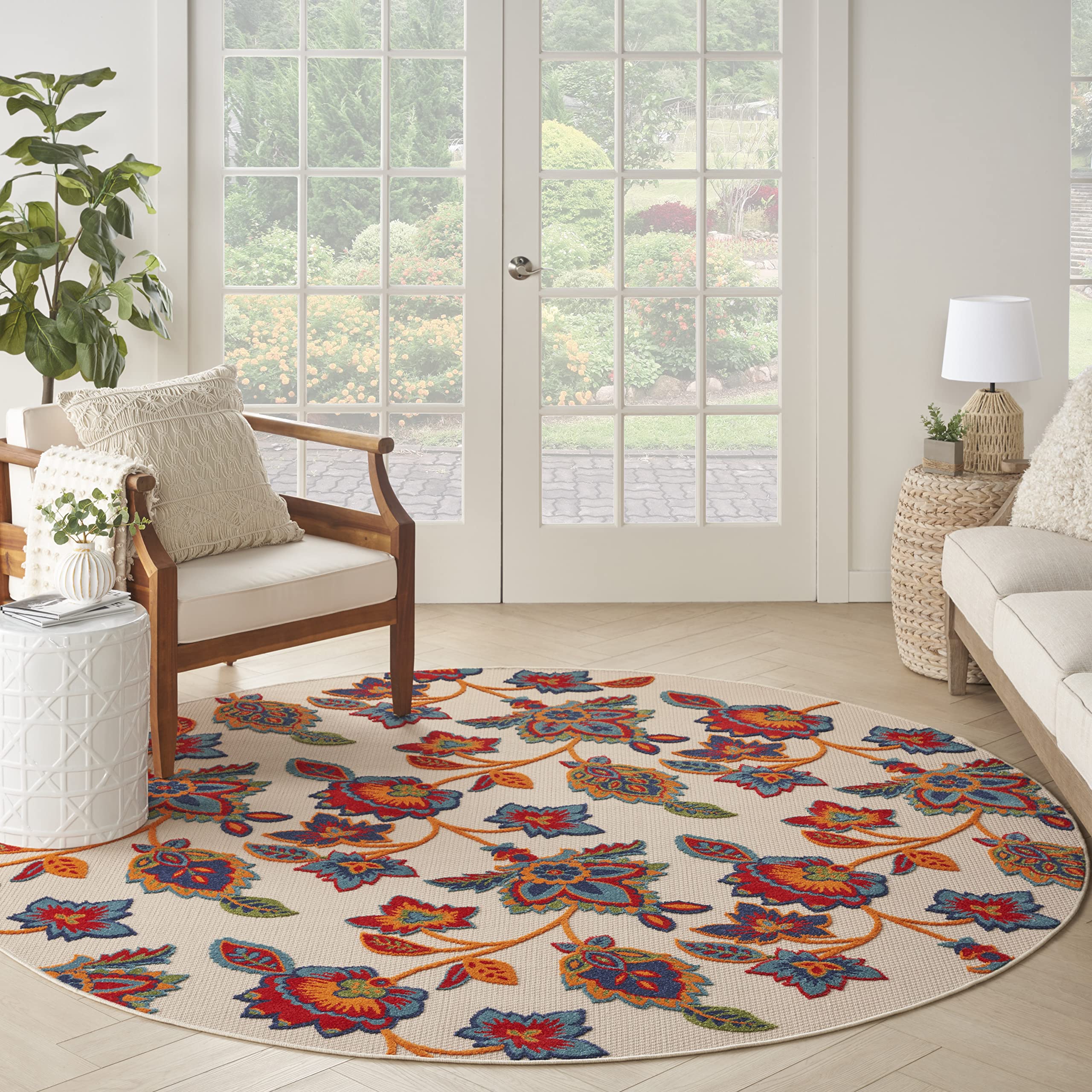 Nourison Aloha Indoor-Outdoor Modern Multicolor 7’10” X Round Area Rug, Easy Cleaning, Non Shedding, Bed Room, Living Room, Dining Room, Backyard, Deck, Patio (8 Round)