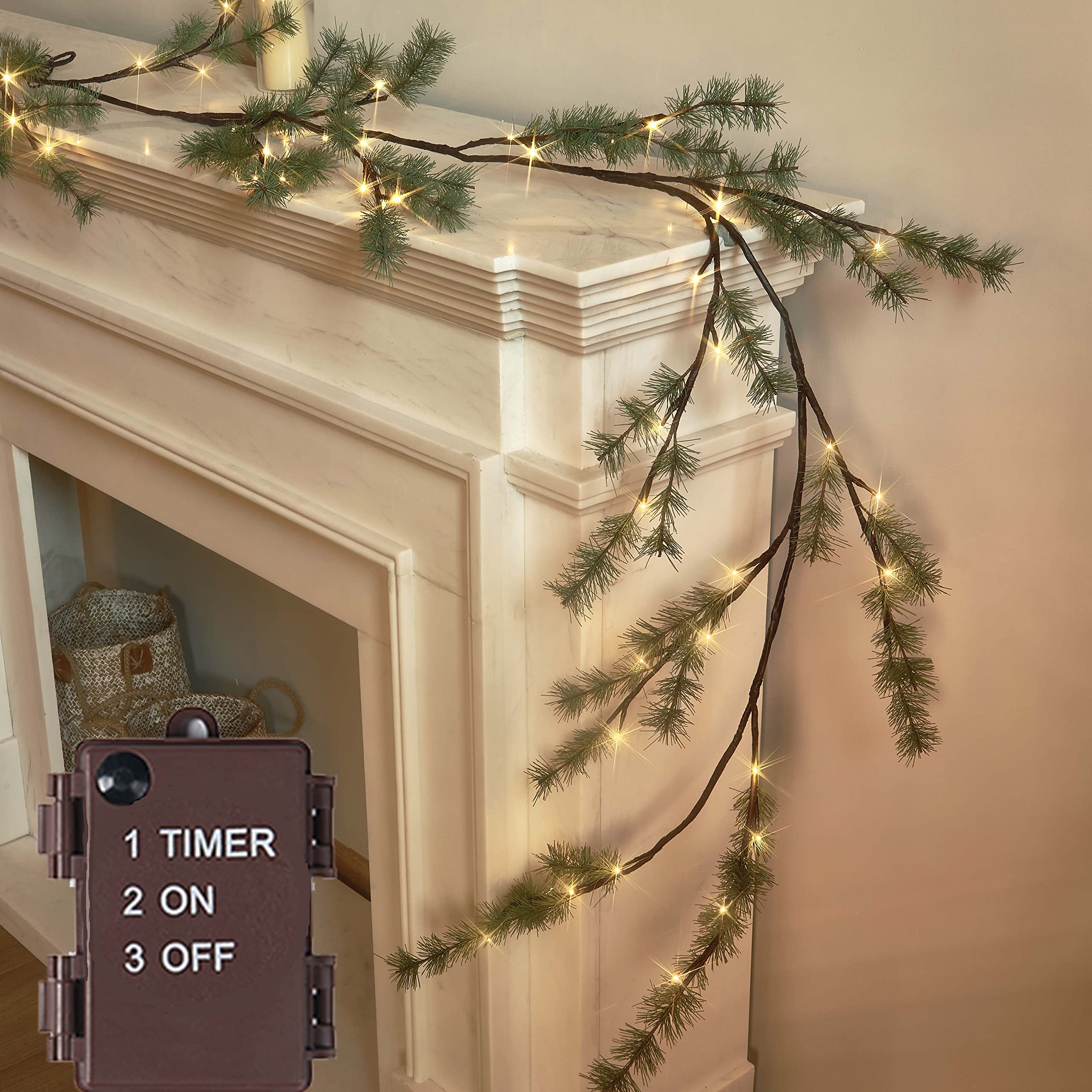 LITBLOOM Lighted Christmas Pine Garland Battery Operated with Timer 6FT 48 Warm White LED Lights for Fireplace Mantle Christmas 