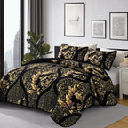Djy Black Quilt Set California King Size, Boho Gold Damask Bedspread Coverlet Set Soft Lightweight Microfiber Luxury Bedding Set
